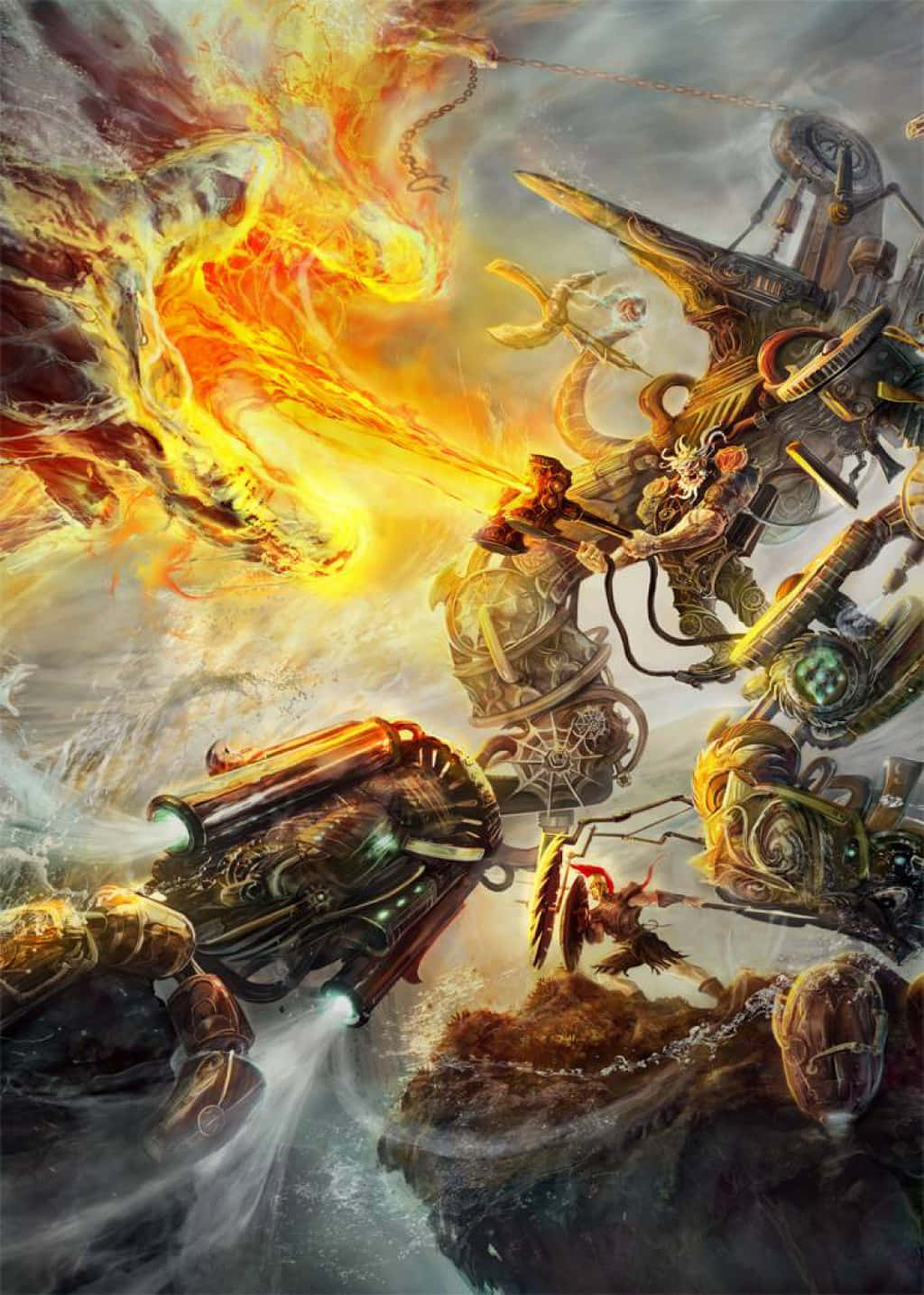 Battle of Gods, steampunk warrior, fiery dragon, HD Phone Wallpaper