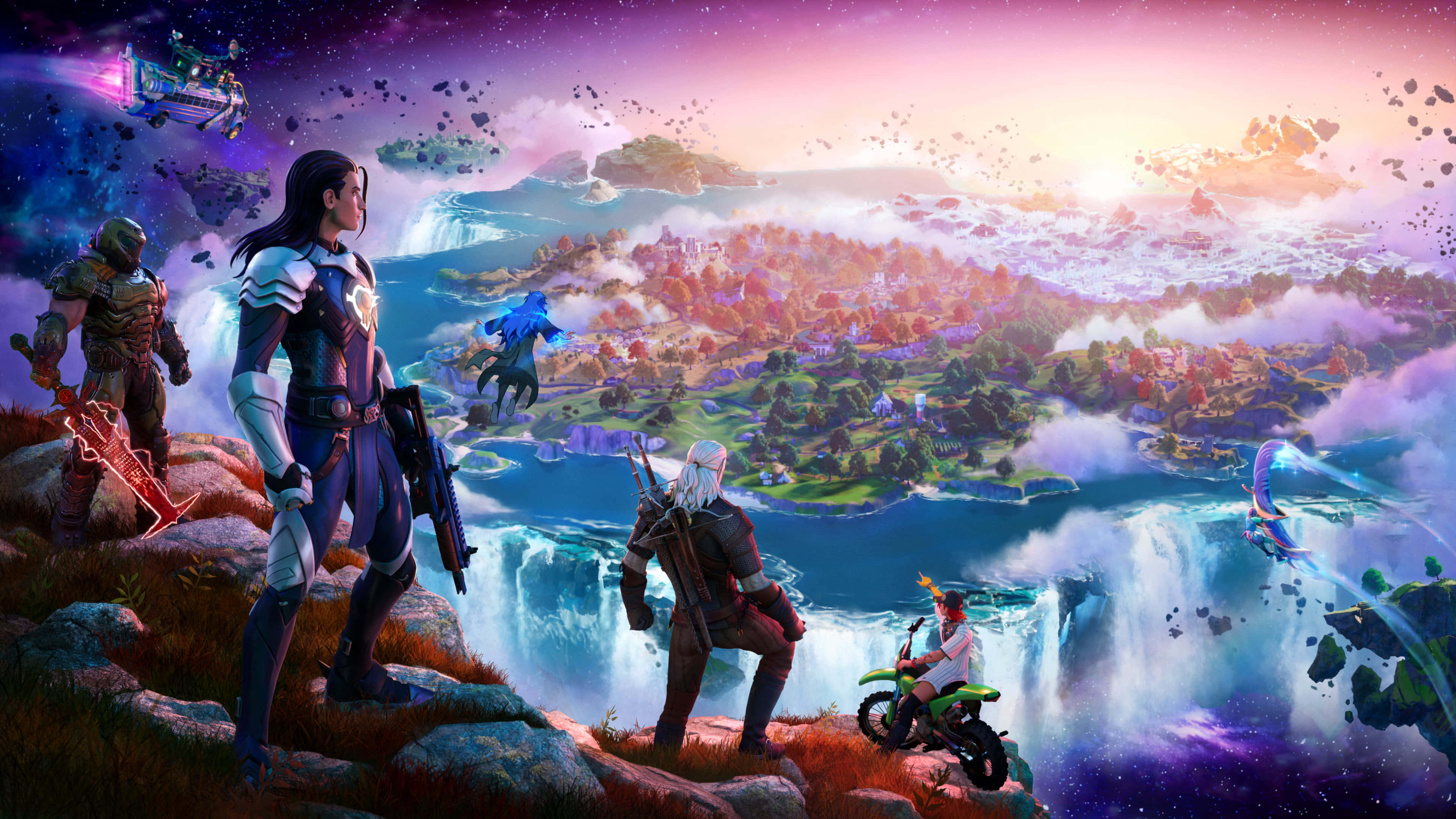 Battle Pass, floating island landscape, waterfalls, 4K Desktop Wallpaper