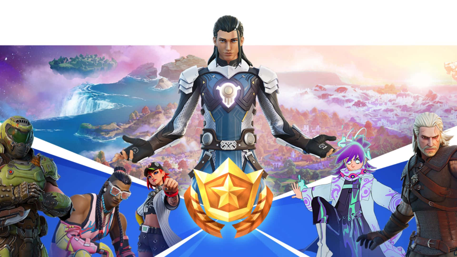 Battle Pass, golden star emblem, fantastical floating island, Full HD Desktop Wallpaper