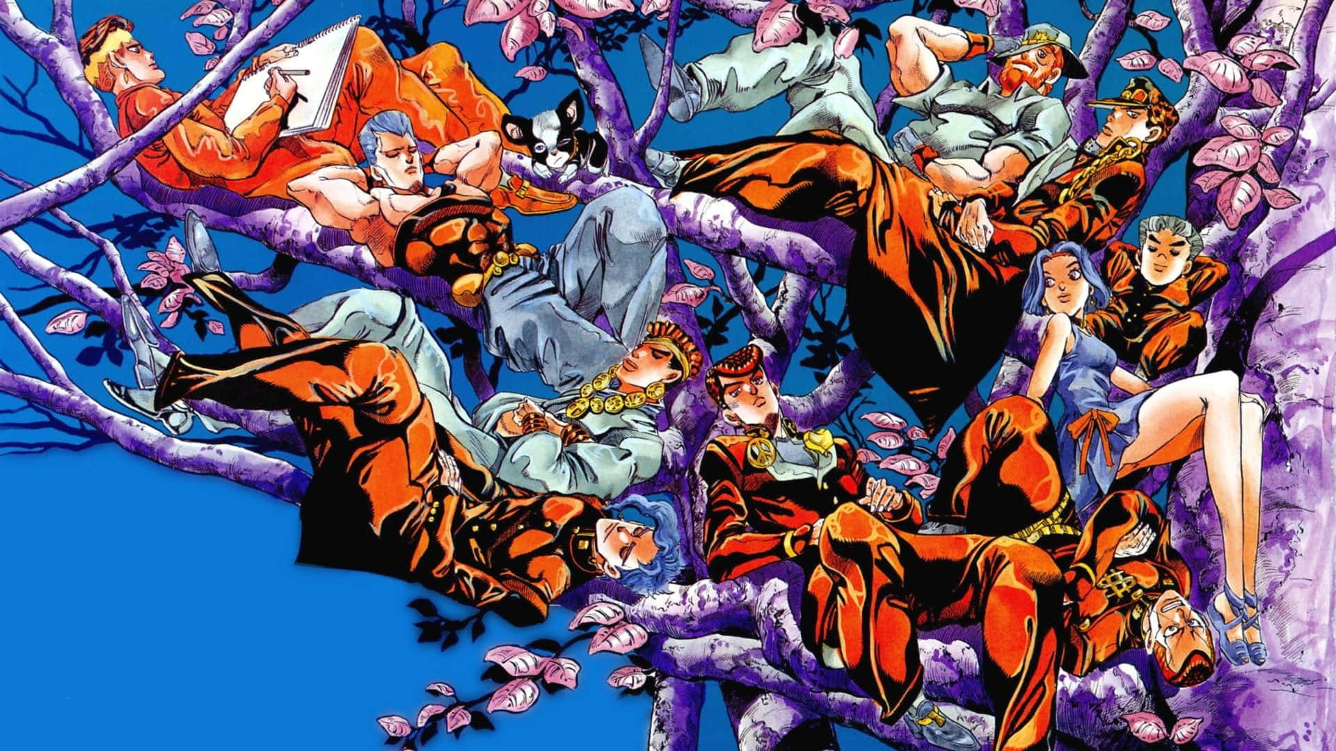 Battle Tendency, purple tree branches, bright blue sky, Full HD Desktop Wallpaper