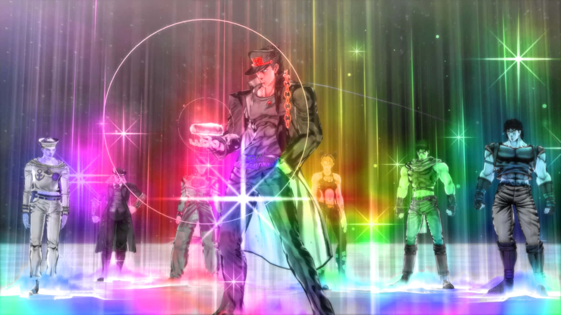 Battle Tendency, rainbow-lit stage, sparkling starbursts, Full HD Desktop Wallpaper