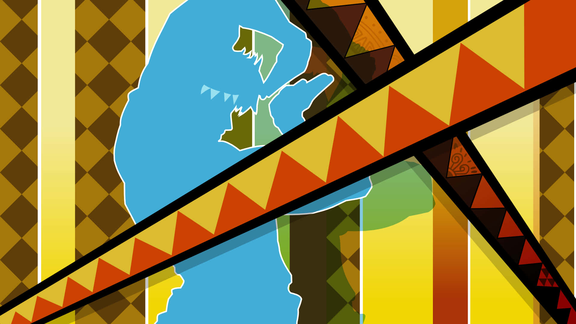 Battle Tendency, blue dinosaur silhouette, geometric patterns of triangles and diamonds, Full HD Desktop Wallpaper