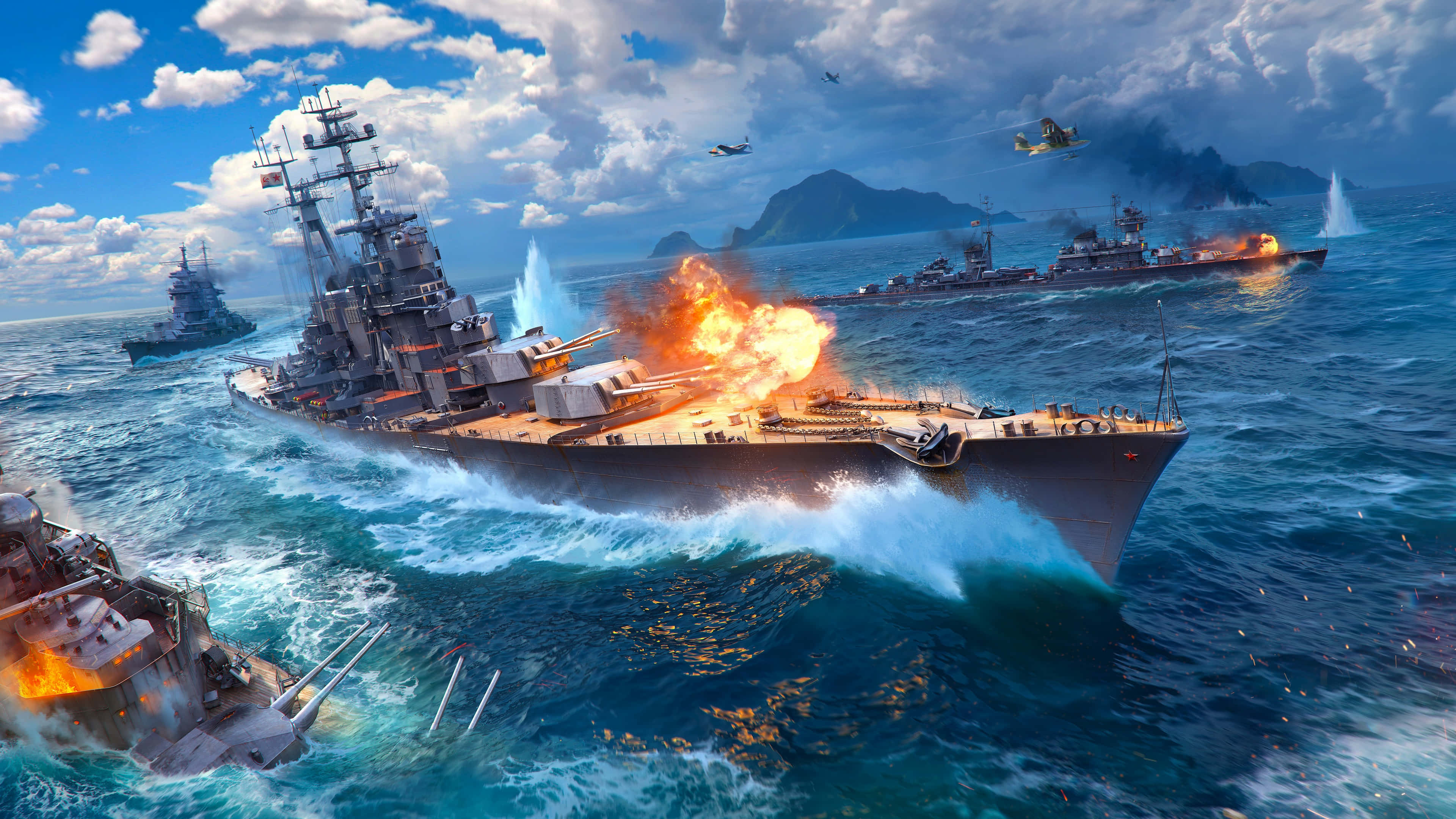 battleship, turbulent blue seas, enemy ships, 4K Desktop Wallpaper