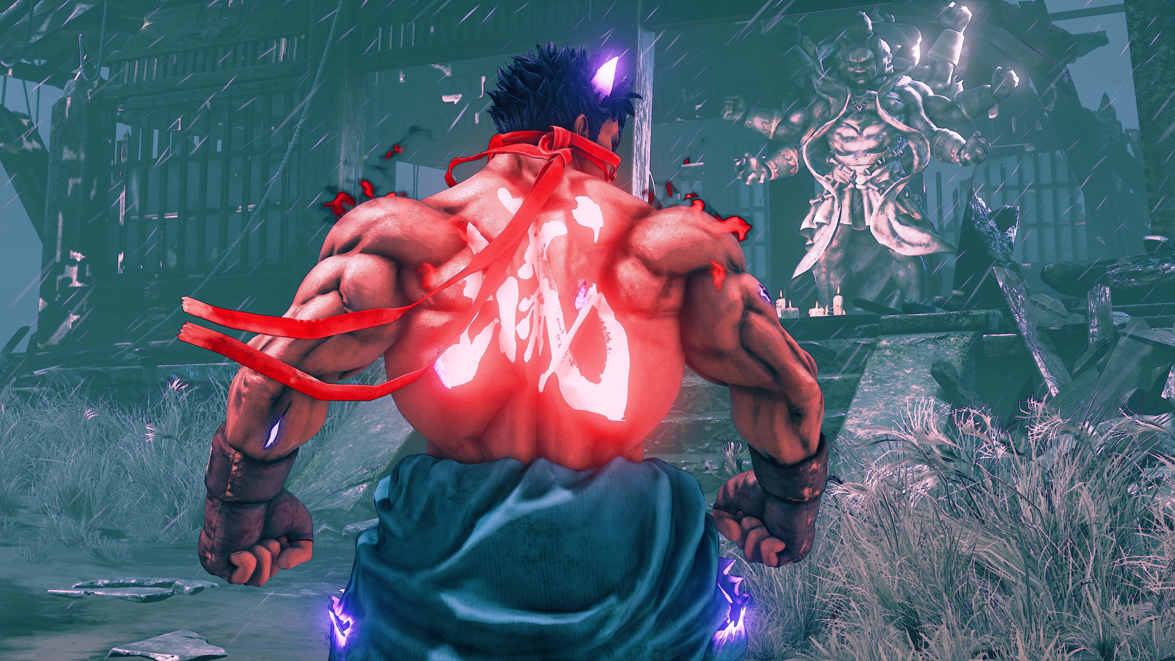 Epic Showdown Fighter Confrontation, glowing red kanji, rainy ruined courtyard, 4K Desktop Wallpaper