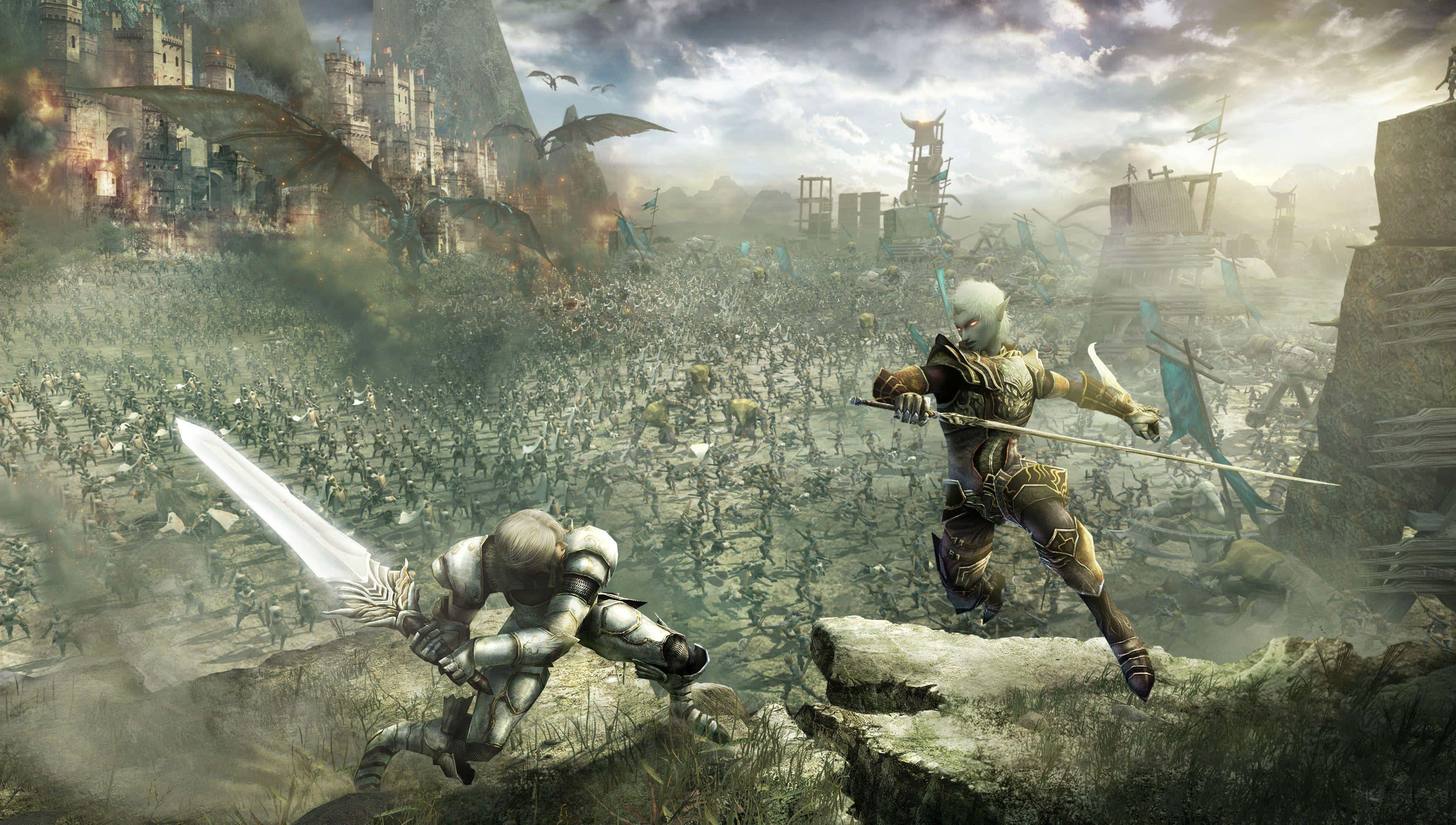 Epic fantasy battle scene, armored warriors, battlefield, 2K Desktop Wallpaper