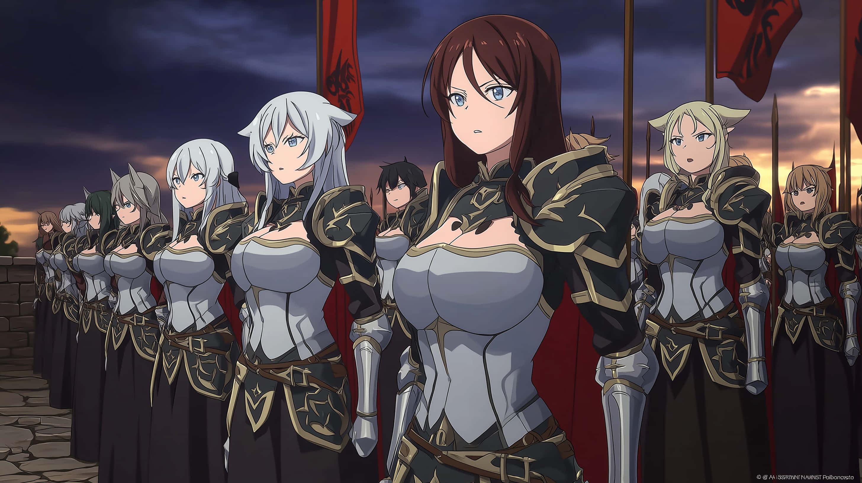 anime female warriors, silver and black armor, twilight sky, 2K Desktop Wallpaper