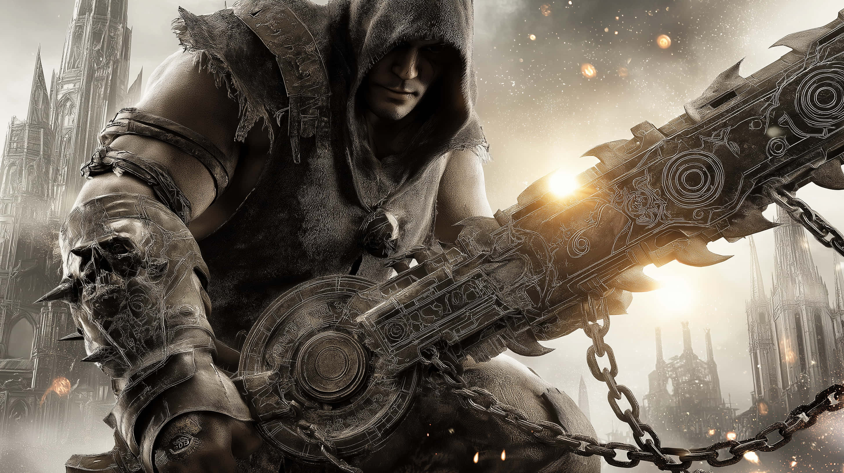 hooded warrior, chain sword, gothic spires, 2K Desktop Wallpaper
