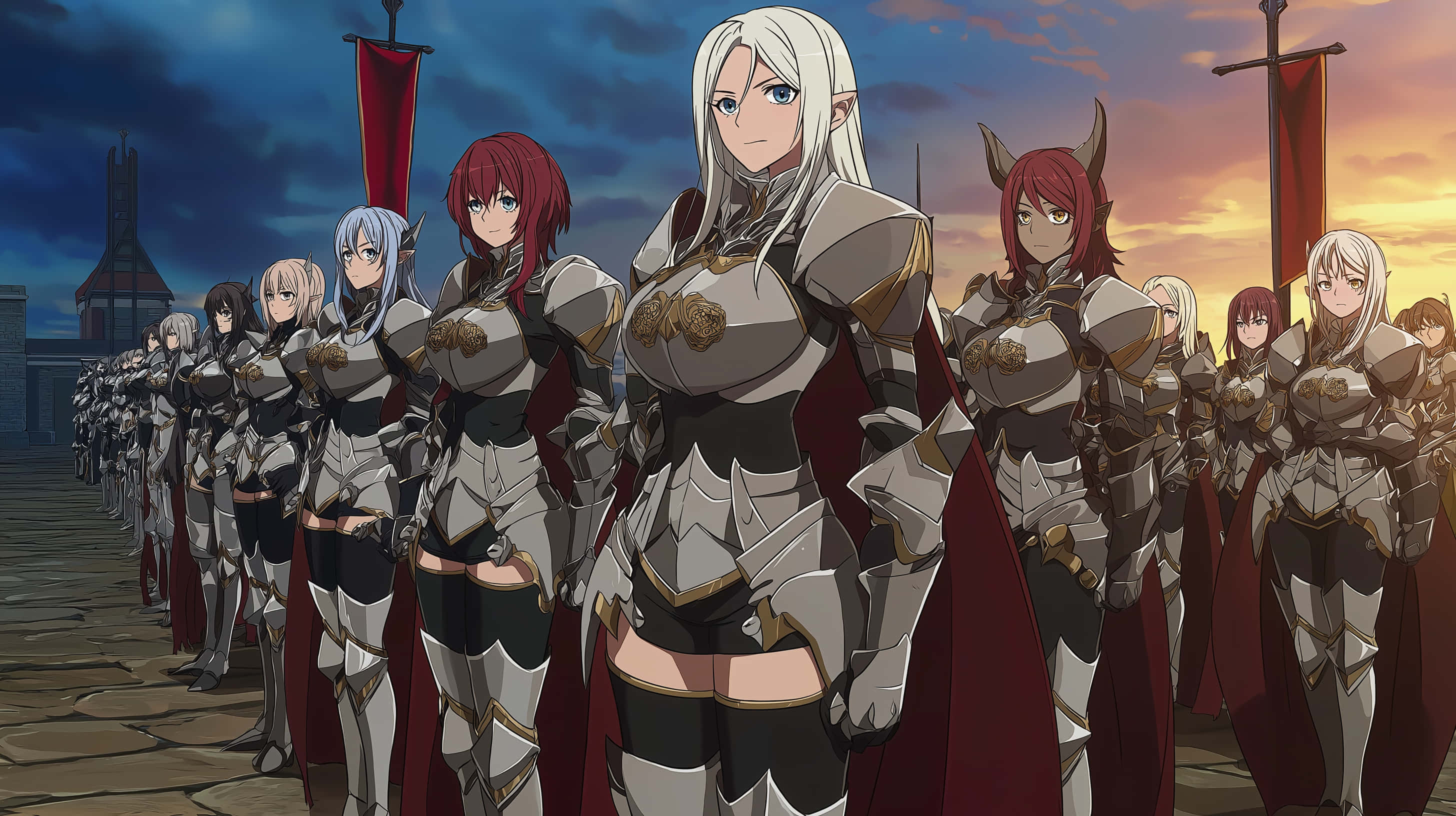 anime warrior women, silver armor, red capes, 2K Desktop Wallpaper