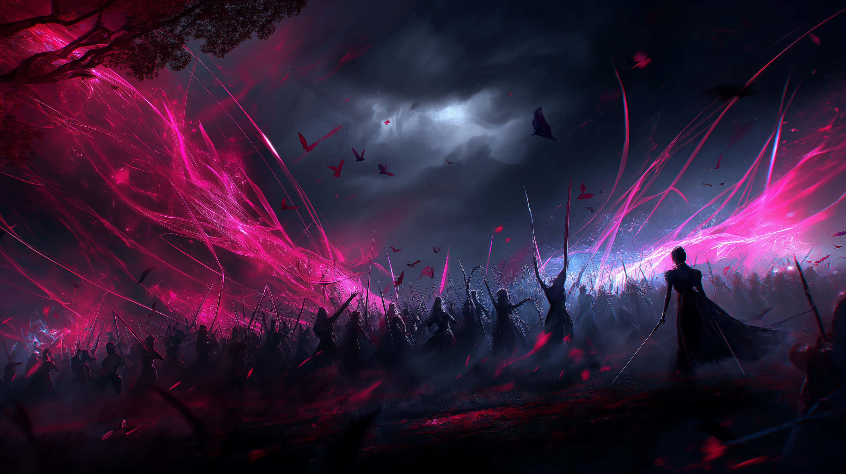magical battlefield, swirling pink energy storm, dark army, 2K Desktop Wallpaper