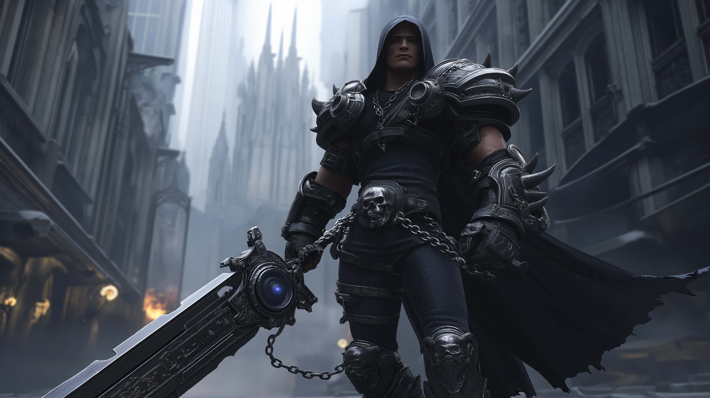 hooded armored warrior, glowing sword, misty gothic city street, 2K Desktop Wallpaper
