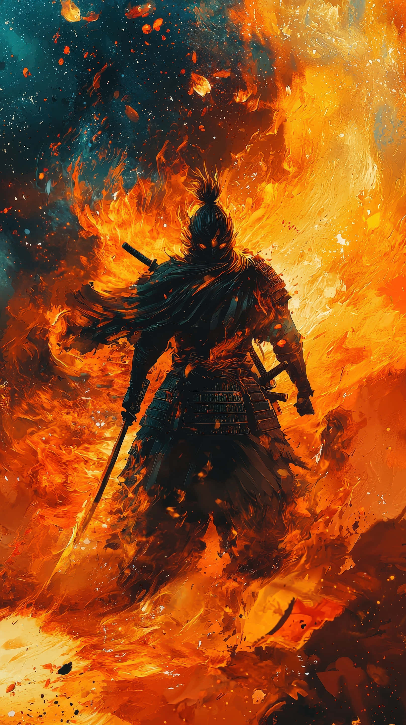 black samurai armor, roaring orange flames, dark teal sky, 2K Phone Wallpaper