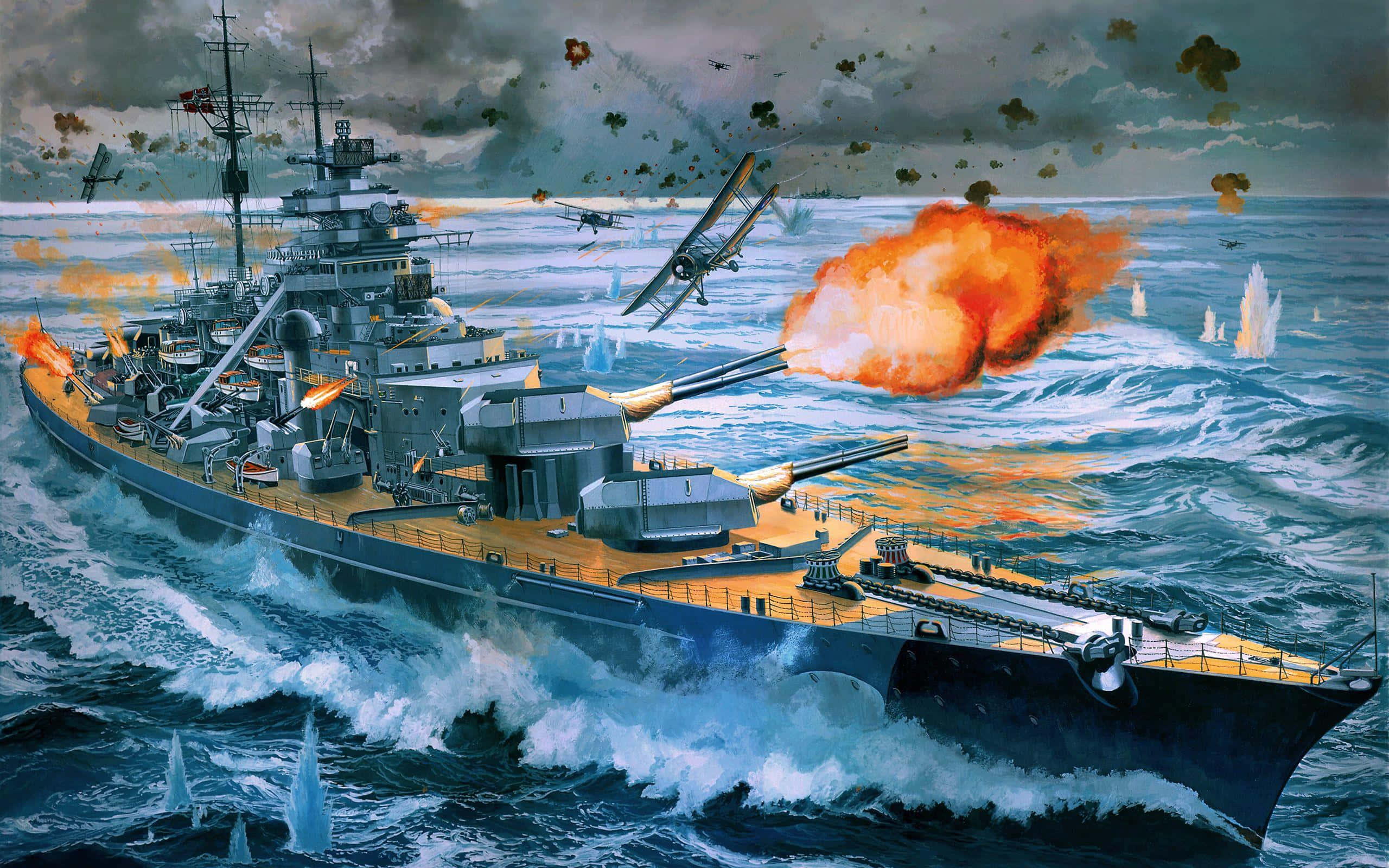 battleship, stormy seas, biplanes, 2K Desktop Wallpaper