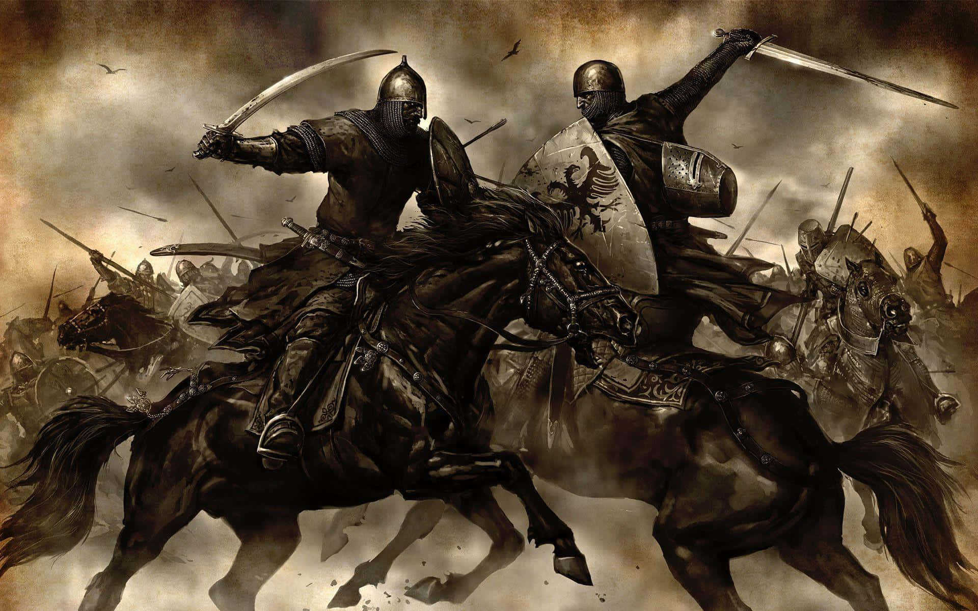 medieval knights, armored knights, galloping black horses, Full HD Desktop Wallpaper