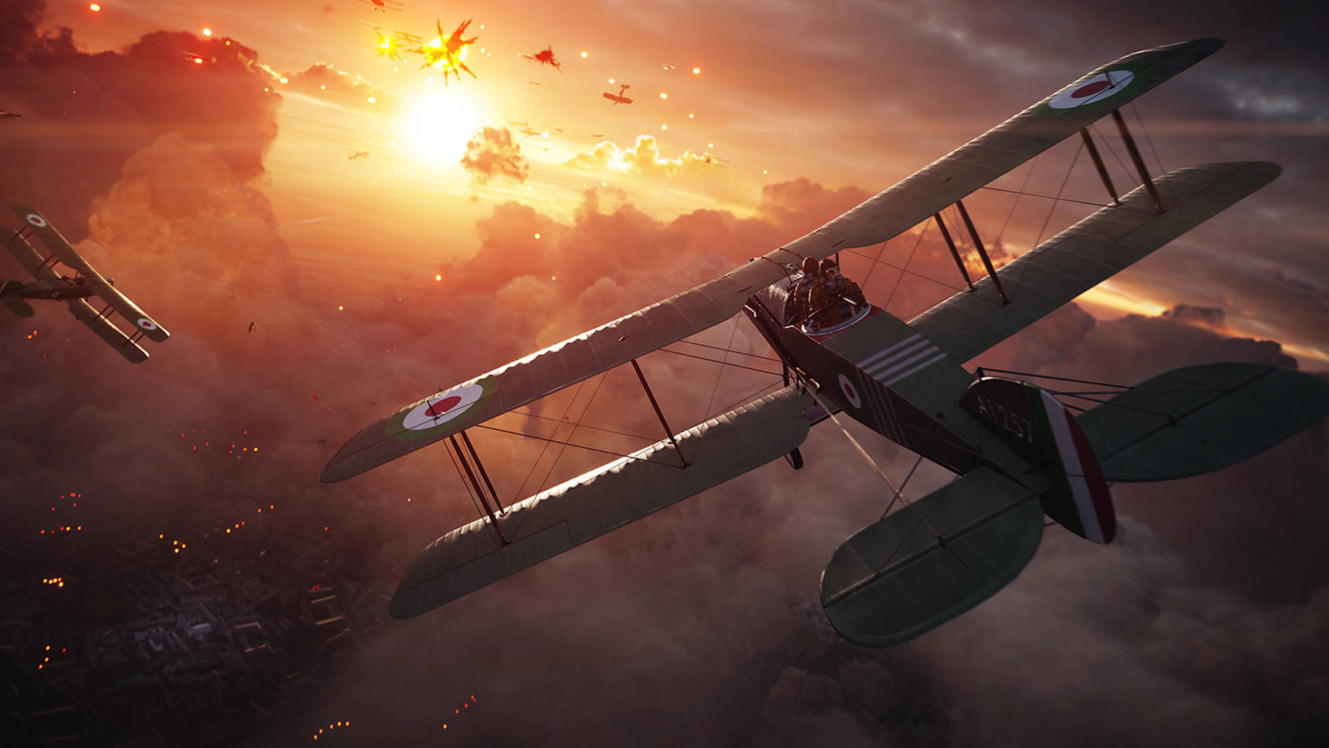 Battlefield 1, vintage biplane, fiery sunset clouds, Full HD Desktop Wallpaper