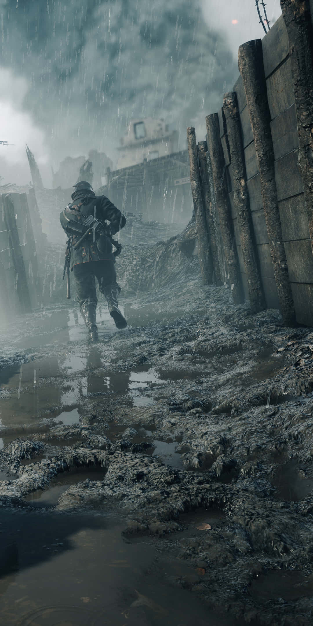 Battlefield 1, rain-soaked war-torn trench, wooden barricades, Full HD Phone Wallpaper