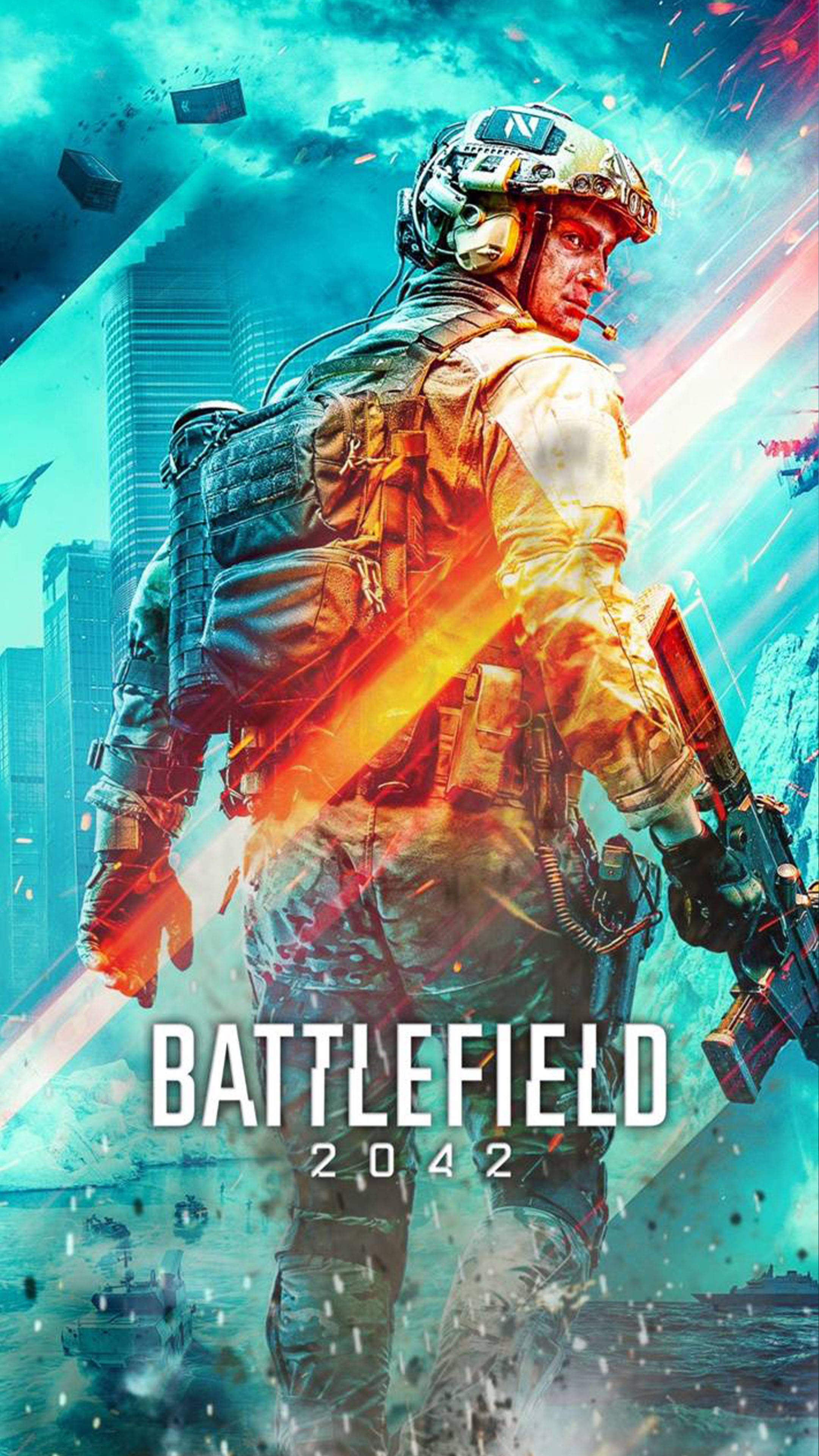 Battlefield 2042, futuristic gear, chaotic urban battlefield, 4K Phone Wallpaper