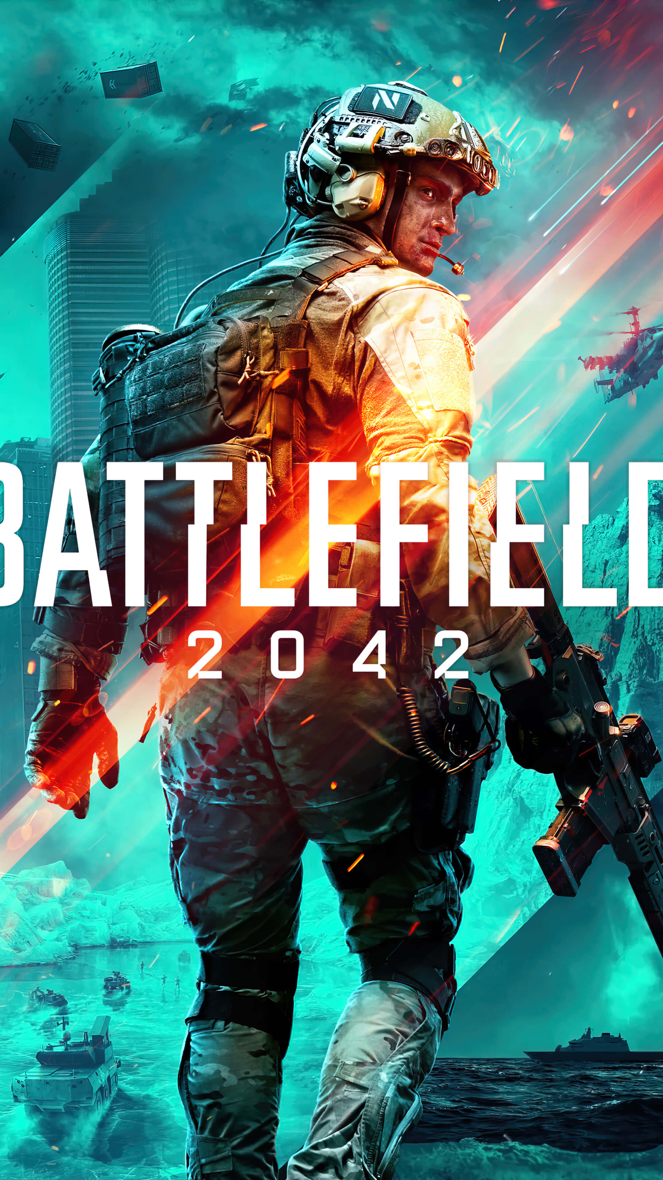 Battlefield 2042, futuristic gear, fiery explosions, 4K Phone Wallpaper