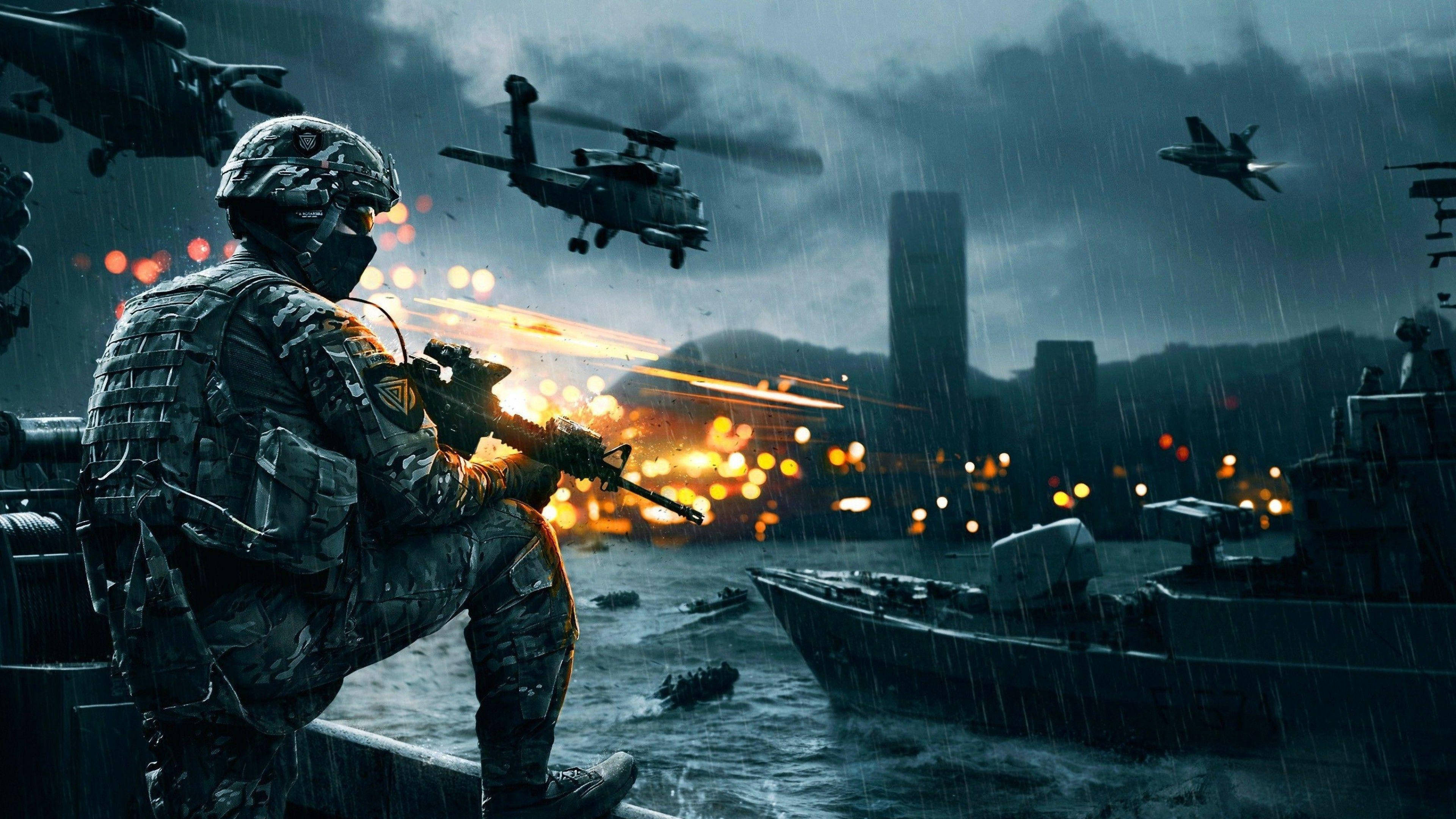 Battlefield 4 City, soldier in full gear, rifle, 4K Desktop Wallpaper