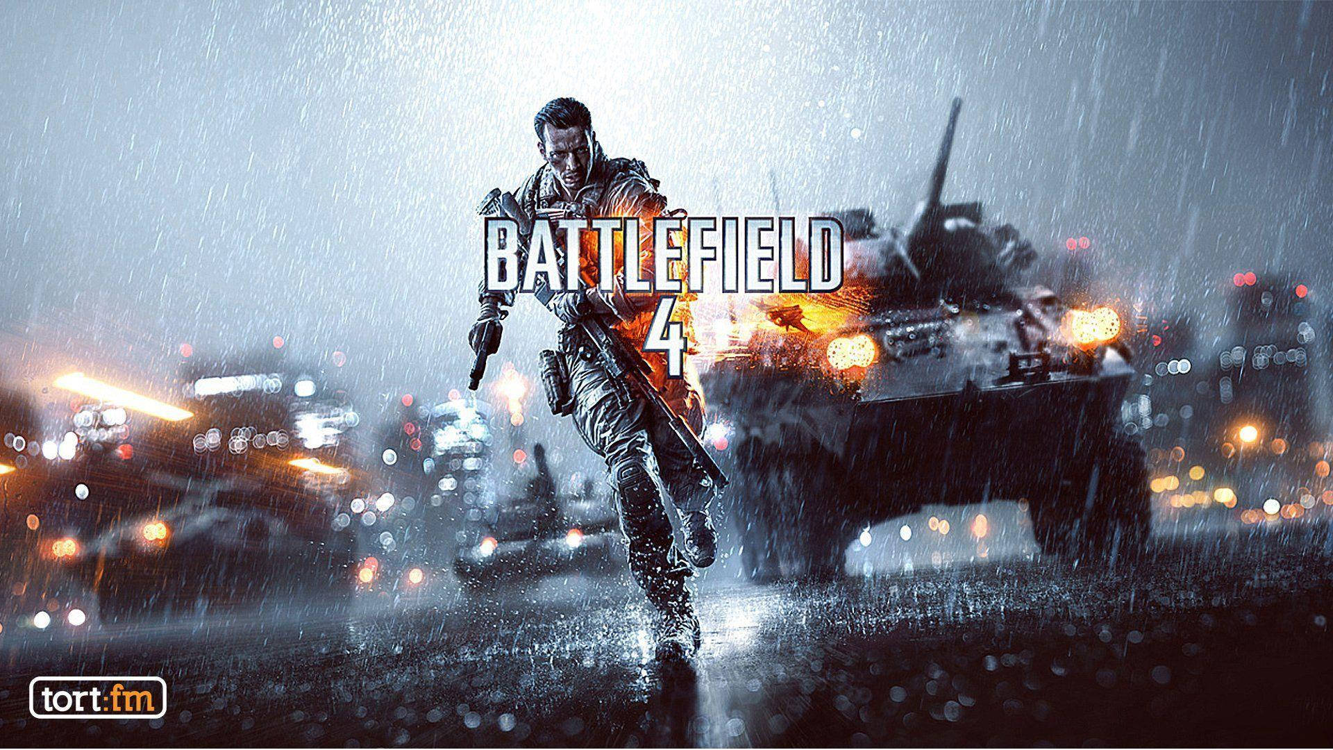 Battlefield 4 City, rain-slicked city streets, burning armored vehicle, Full HD Desktop Wallpaper