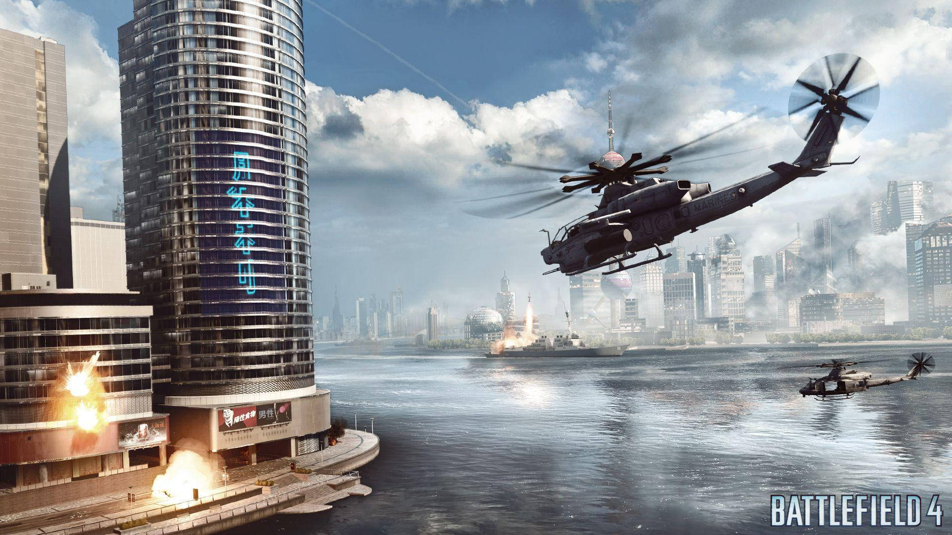 Battlefield 4 City, military helicopter, war-torn cityscape, Full HD Desktop Wallpaper