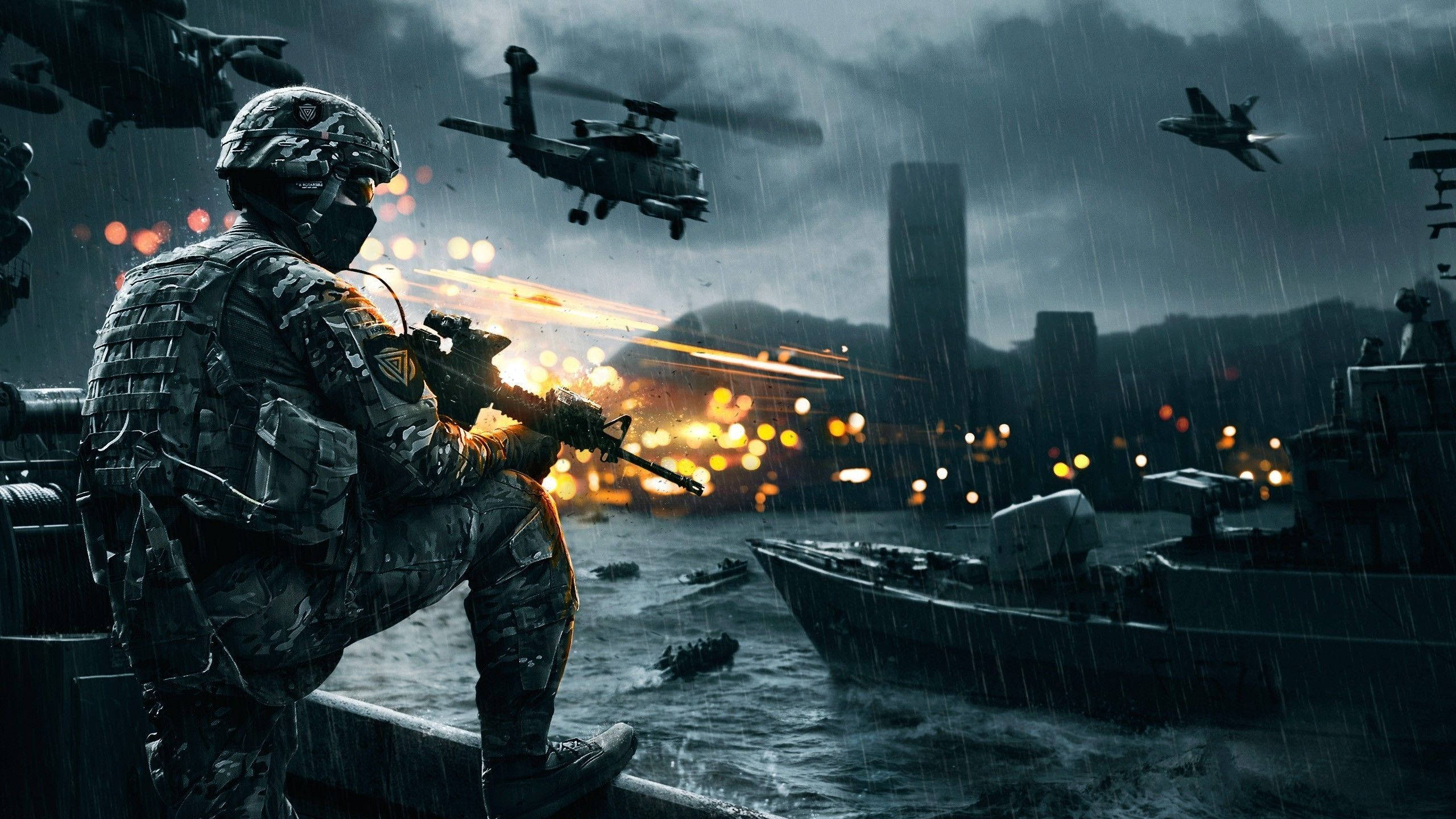 Battlefield 4, soldier in full gear, rifle, 2K Desktop Wallpaper