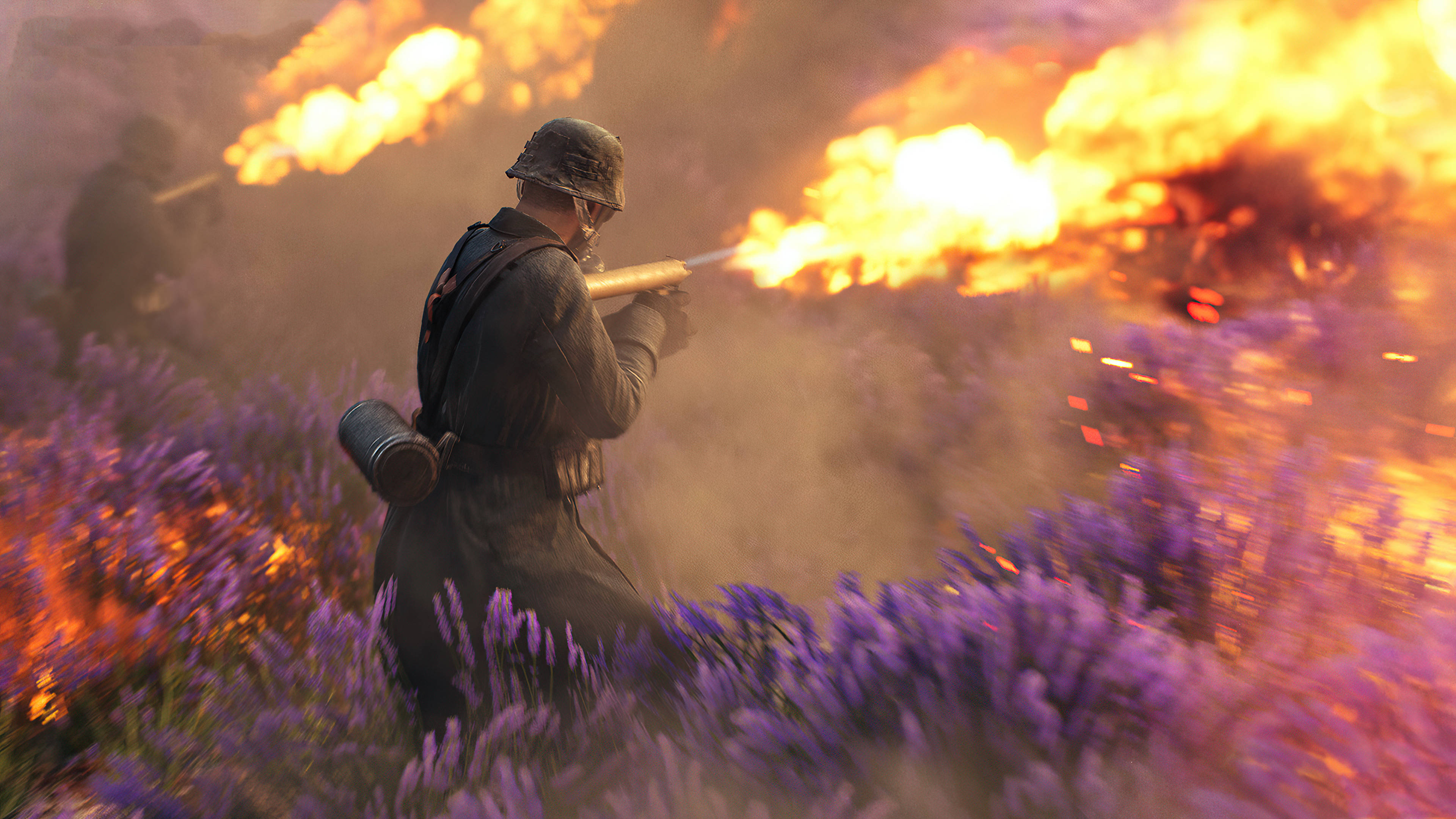 Battlefield 5 4K, flamethrower, purple flowers, 4K Desktop Wallpaper