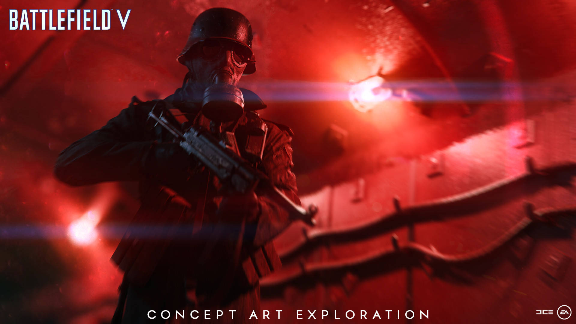 Battlefield 5, red, gas mask, Full HD Desktop Wallpaper