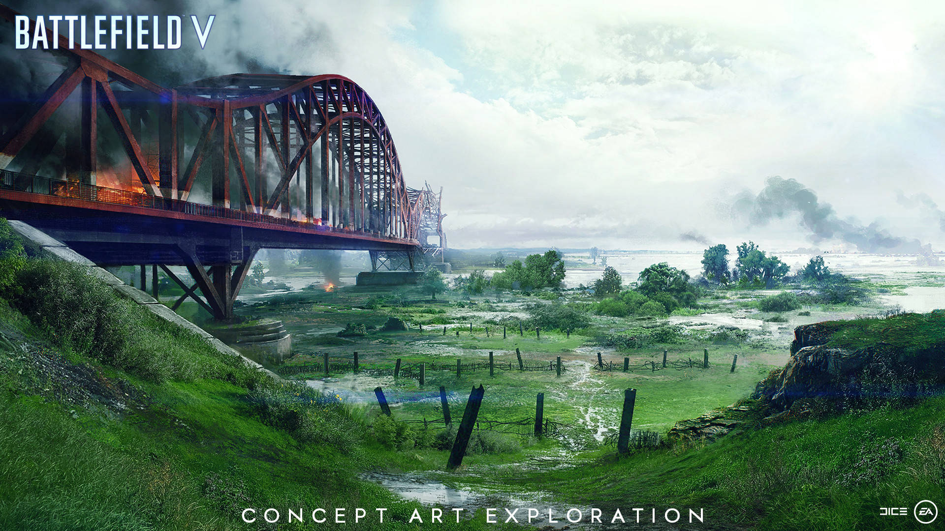 Battlefield 5, burning red steel bridge, flooded green valley, Full HD Desktop Wallpaper