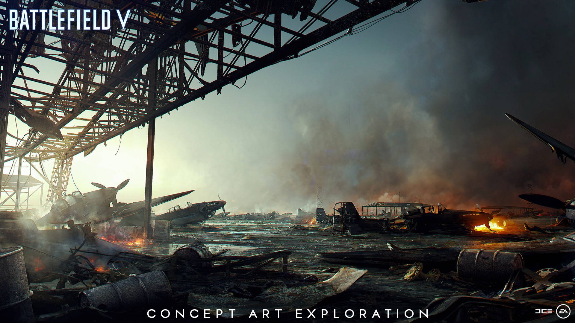 Battlefield 5, hangar, burning wrecked planes, Full HD Desktop Wallpaper