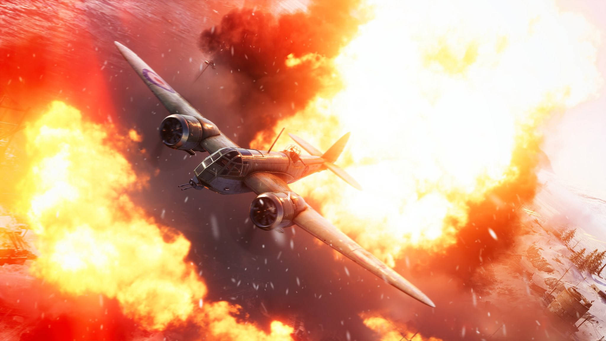 Battlefield 5, vintage bomber aircraft, fiery explosion, Full HD Desktop Wallpaper