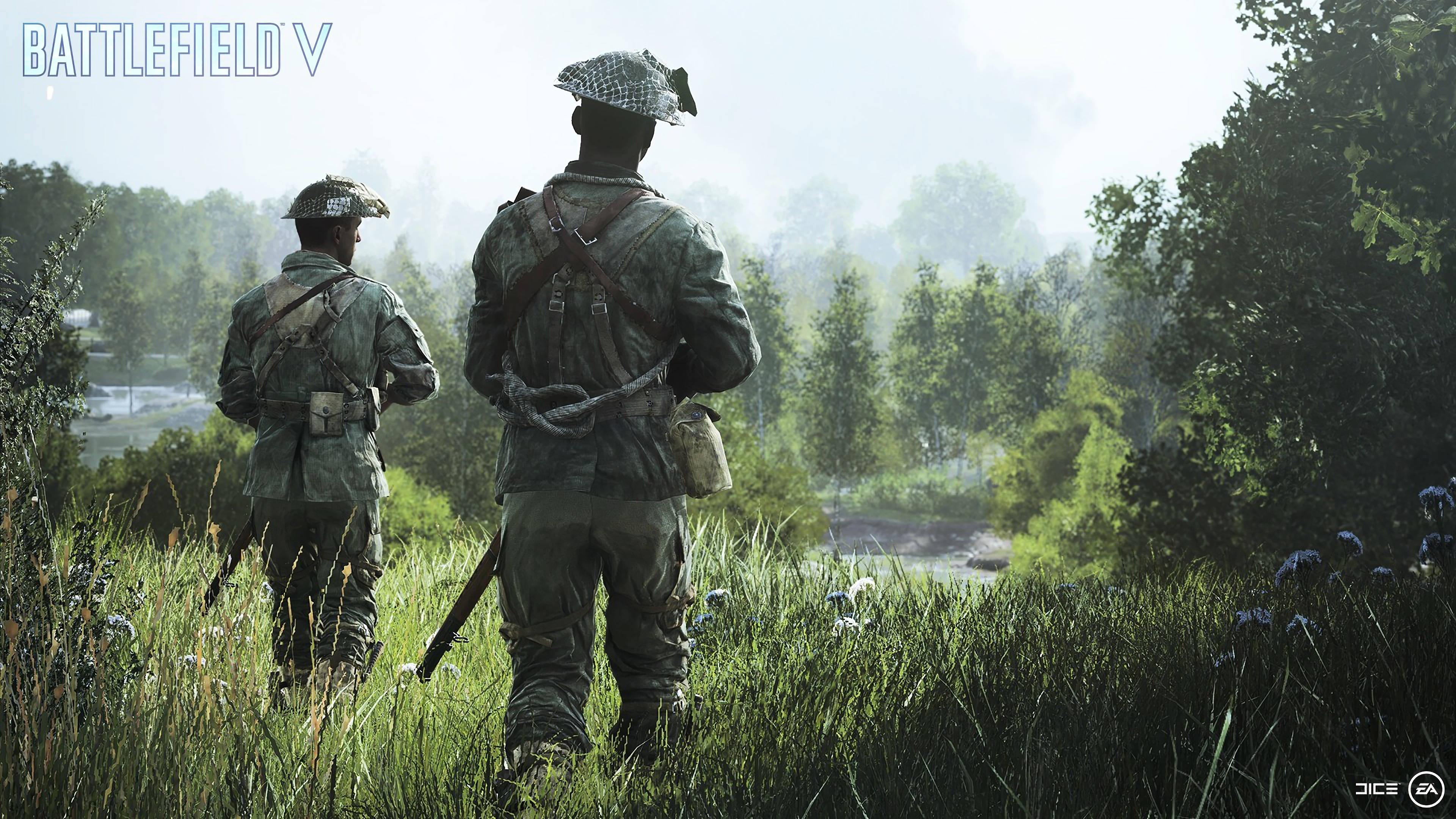 Battlefield 5, WWII uniforms, misty forested valley, 4K Desktop Wallpaper