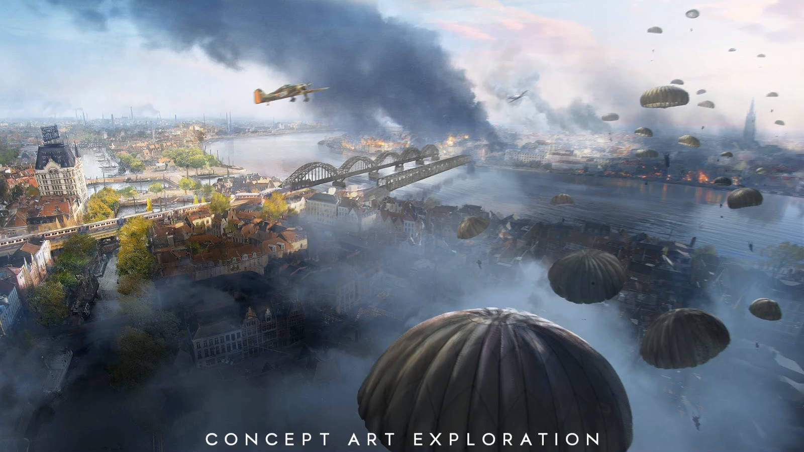 Battlefield 5, parachutes, war-torn city, HD Desktop Wallpaper