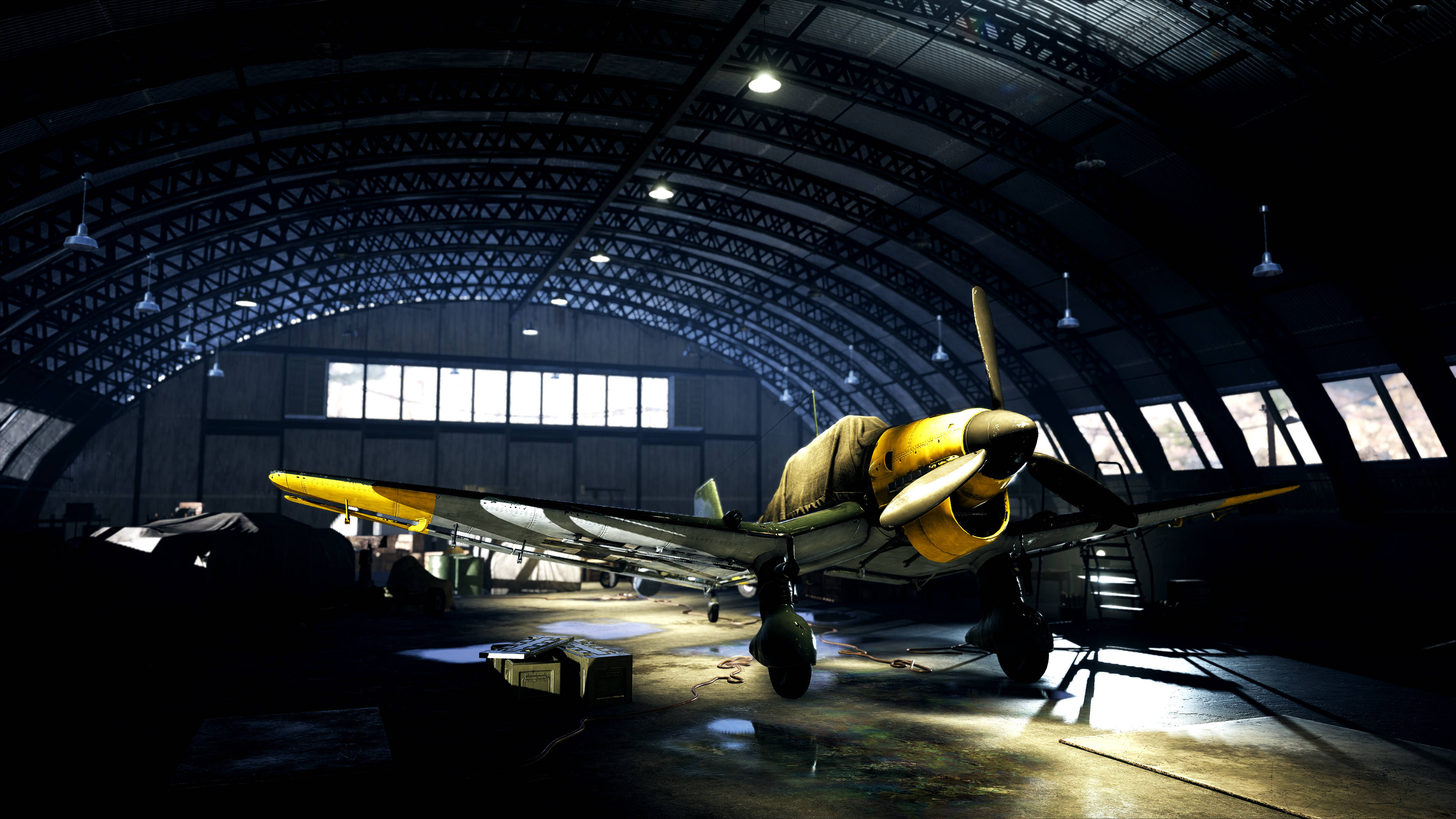 Battlefield 5, vintage yellow and green fighter plane, dramatic spotlighting, 4K Desktop Wallpaper