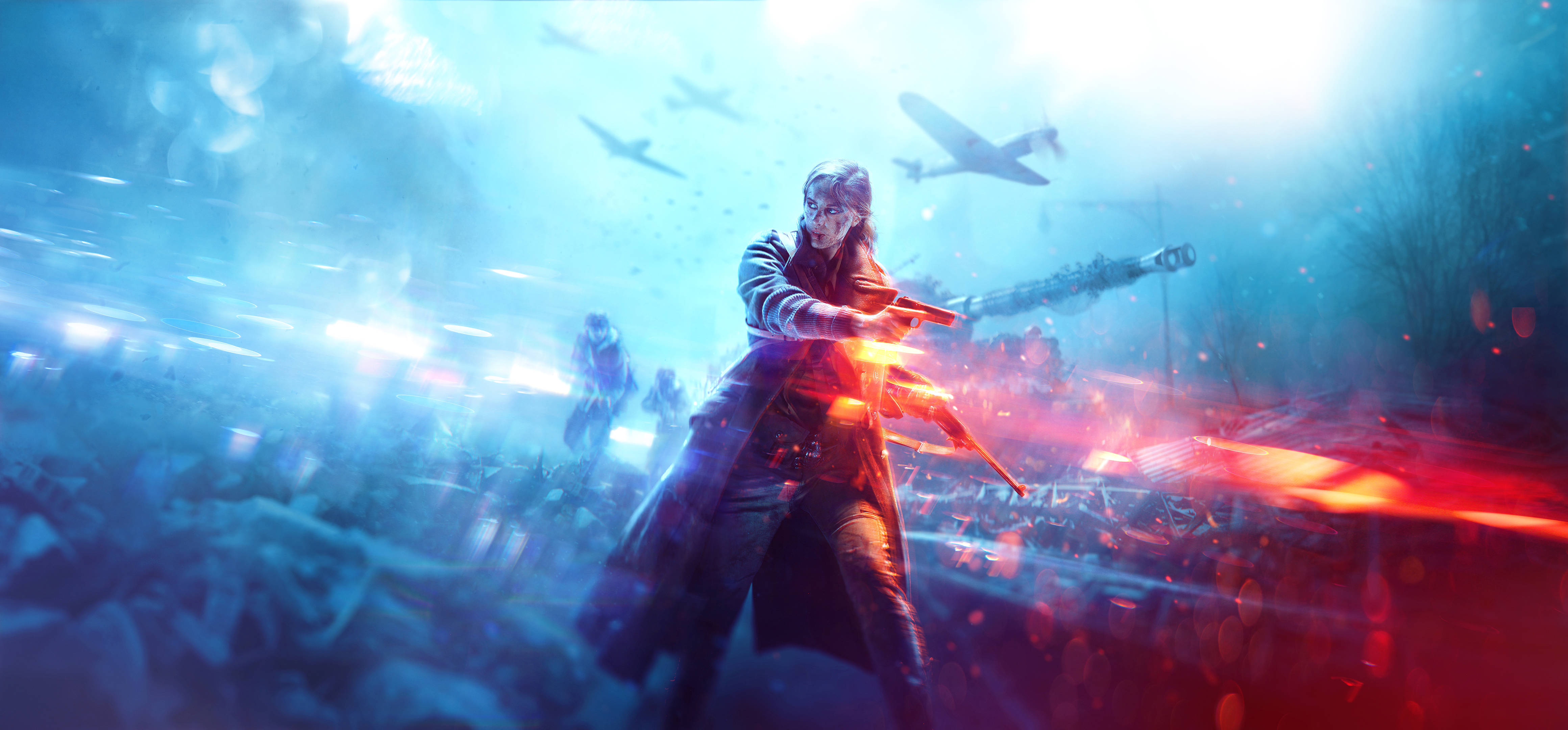 Battlefield 5, trench coat, glowing weapon, 4K Desktop Wallpaper
