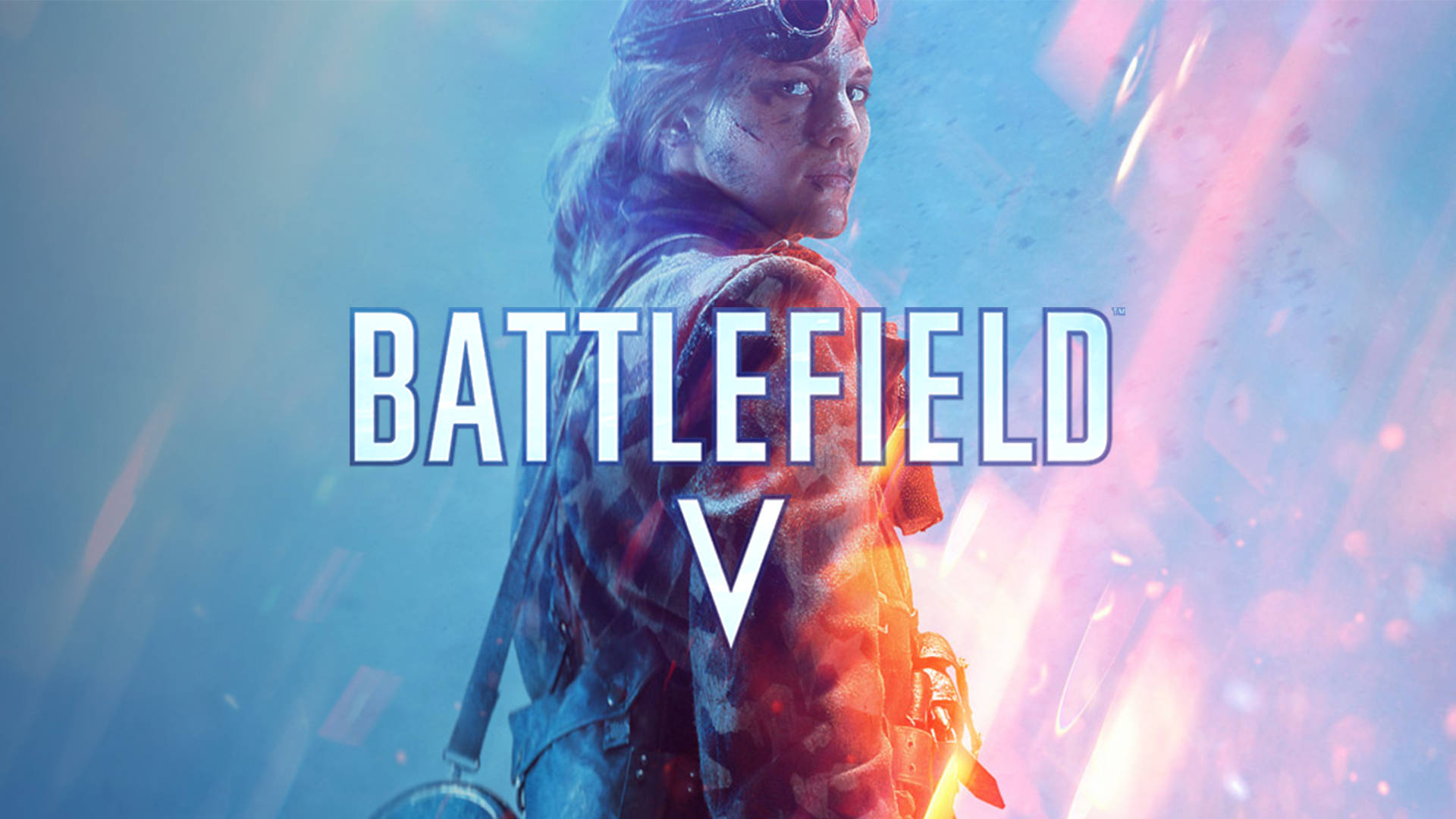 Battlefield 5, Battlefield V logo, vibrant blue and orange battlefield backdrop, Full HD Desktop Wallpaper