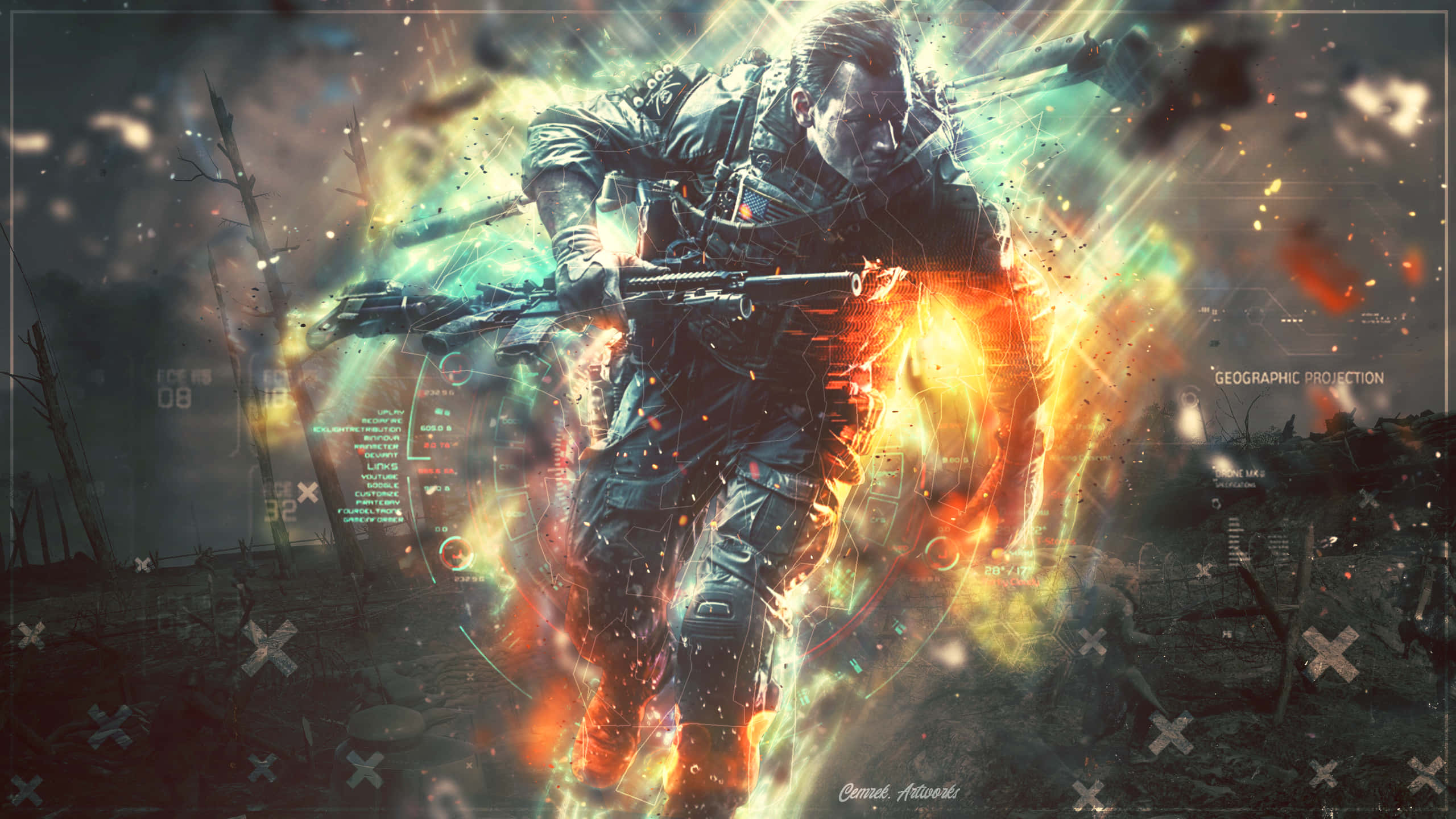 Battlefield Desktop, futuristic armor, fiery explosion, 2K Desktop Wallpaper