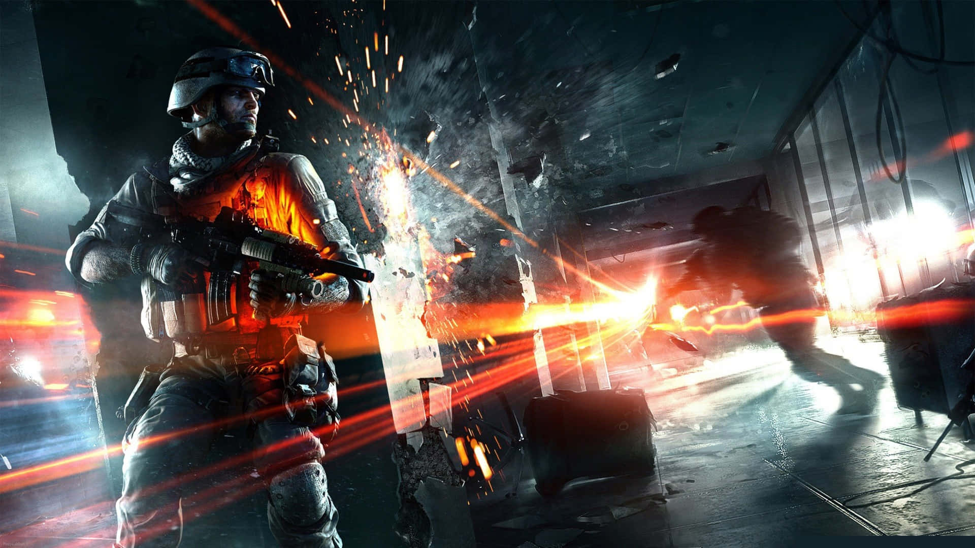 Battlefield Desktop, tactical gear, dark ruined building, Full HD Desktop Wallpaper