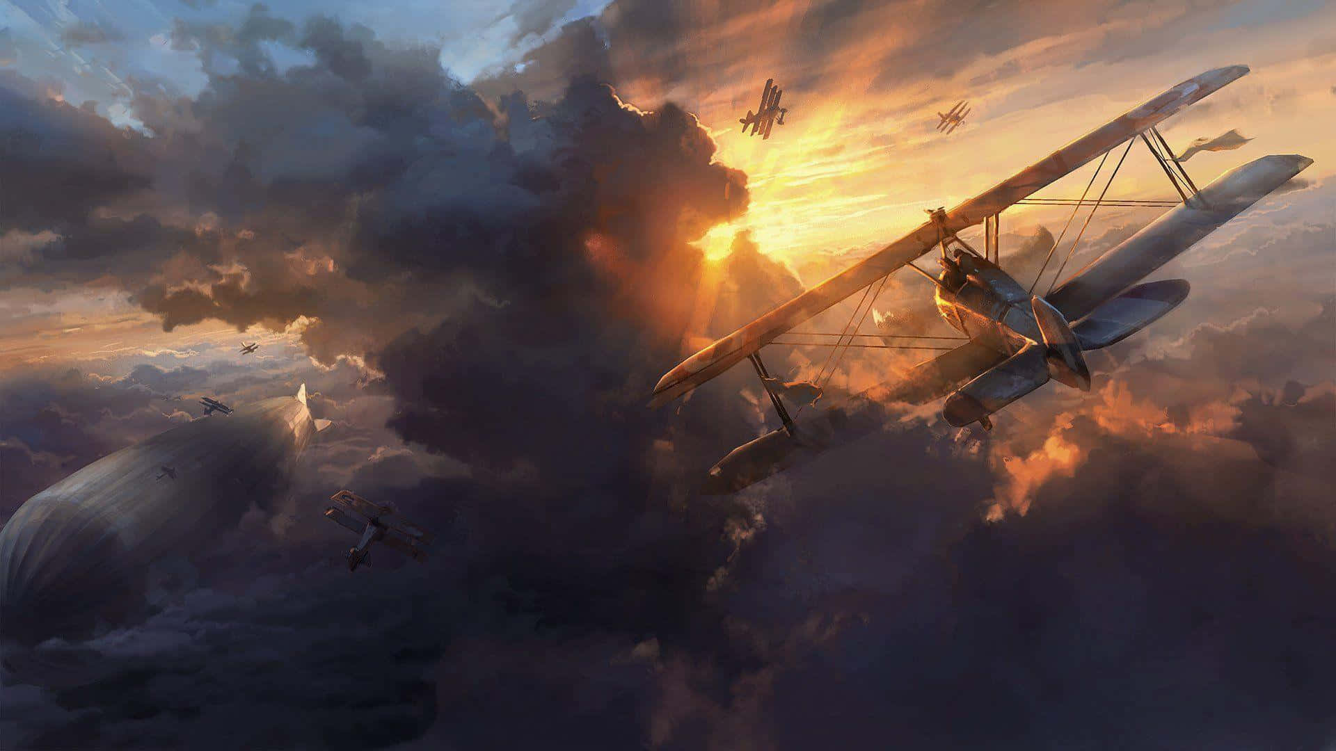 vintage biplanes, zeppelin, fiery sunset sky, Full HD Desktop Wallpaper