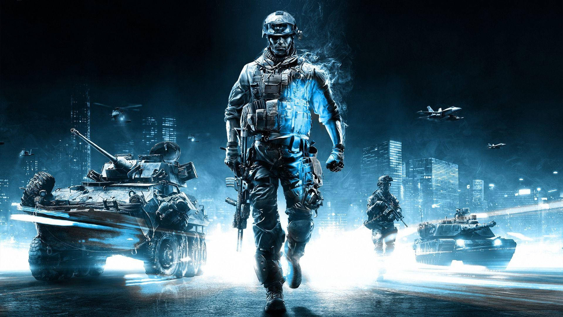 PC Gaming Cold Battlefield, neon-lit urban battlefield, armored vehicles, Full HD Desktop Wallpaper