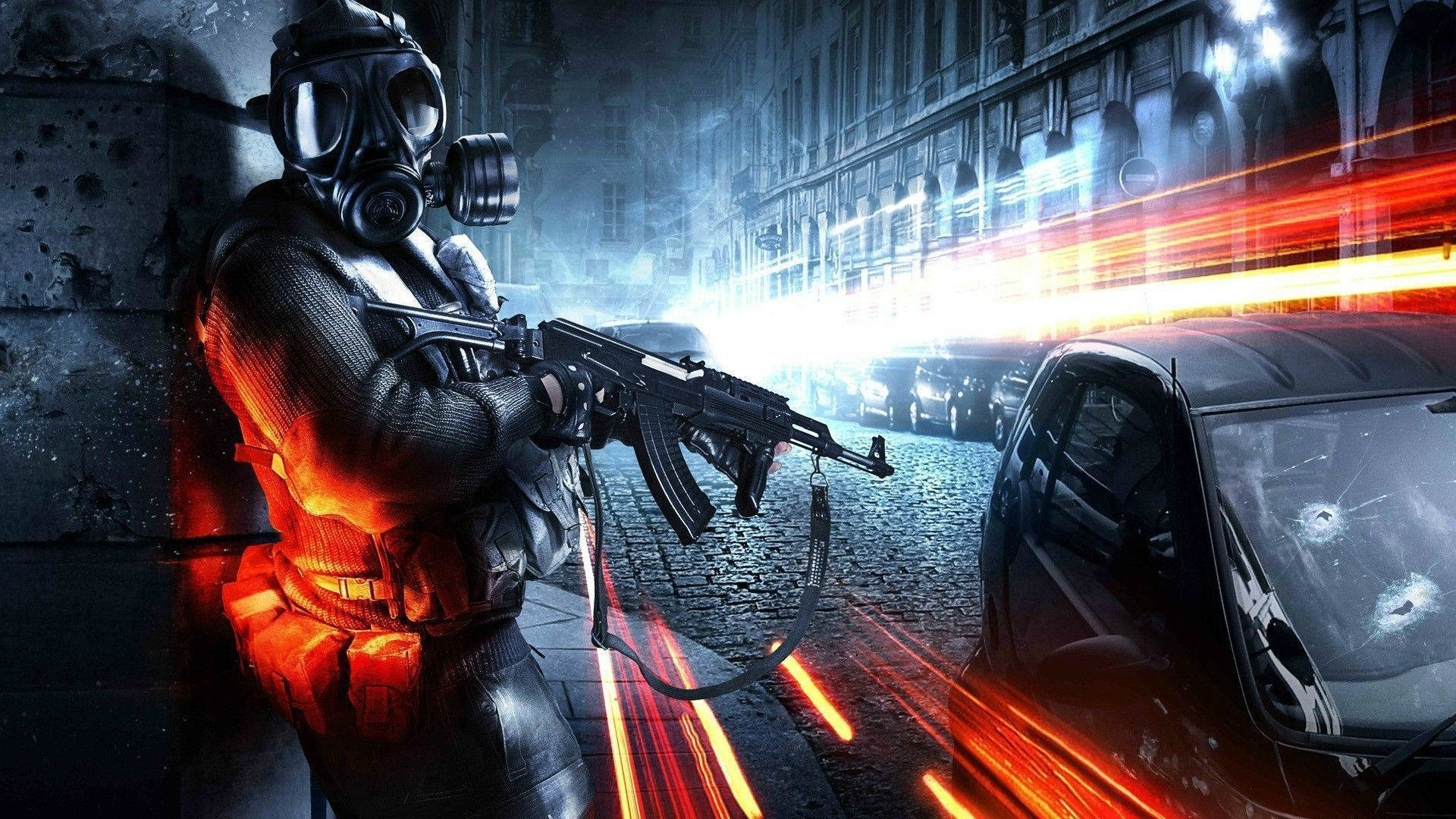 Battlefield 3, gas mask, neon-lit urban street, Full HD Desktop Wallpaper