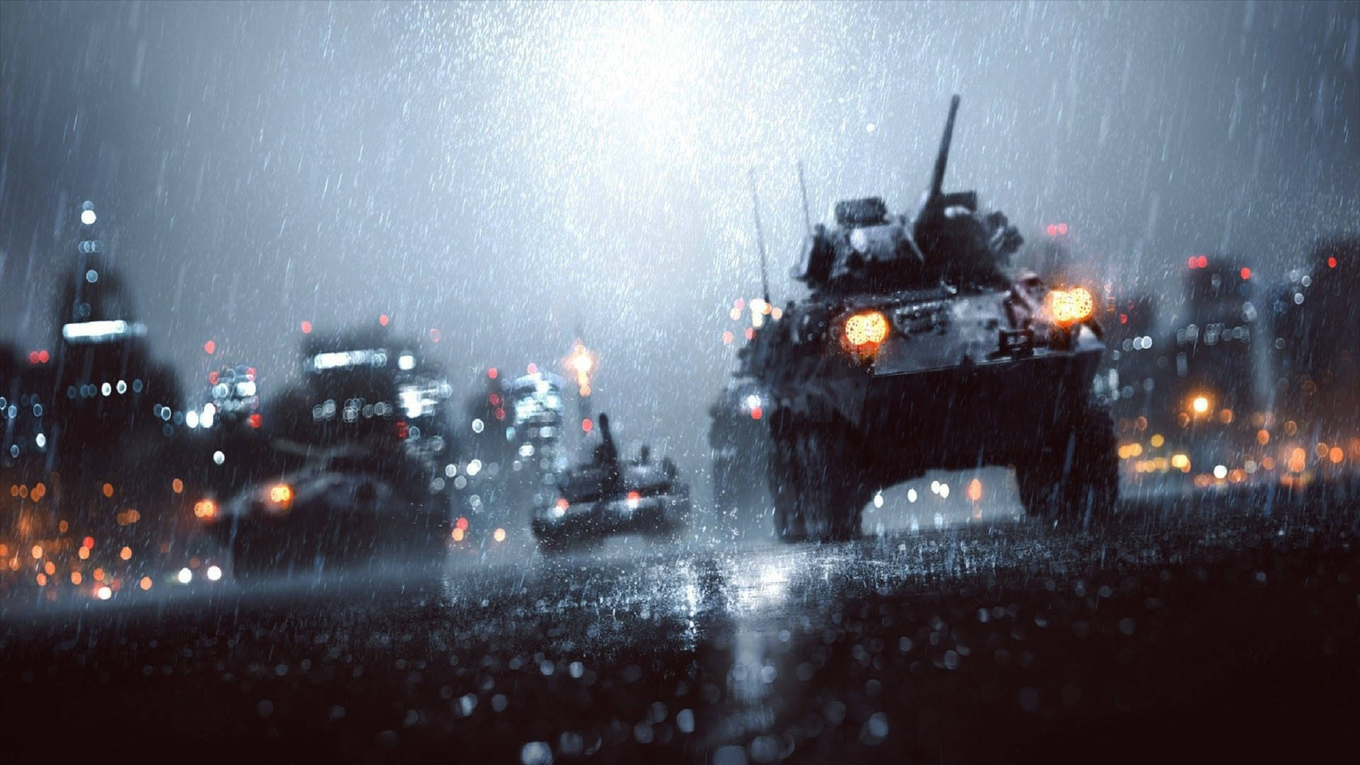 Battlefield, war tanks, rain-soaked city street, Full HD Desktop Wallpaper