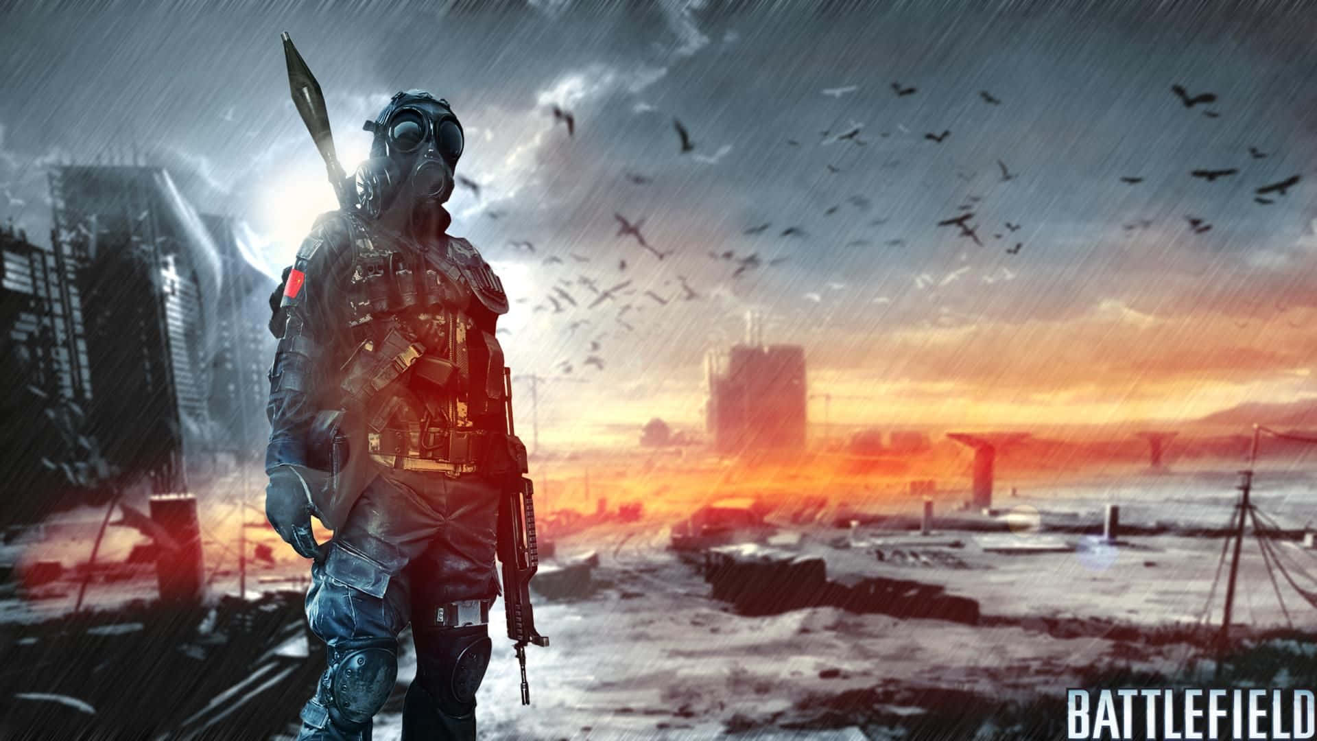 Battlefield, soldier, gas mask, Full HD Desktop Wallpaper