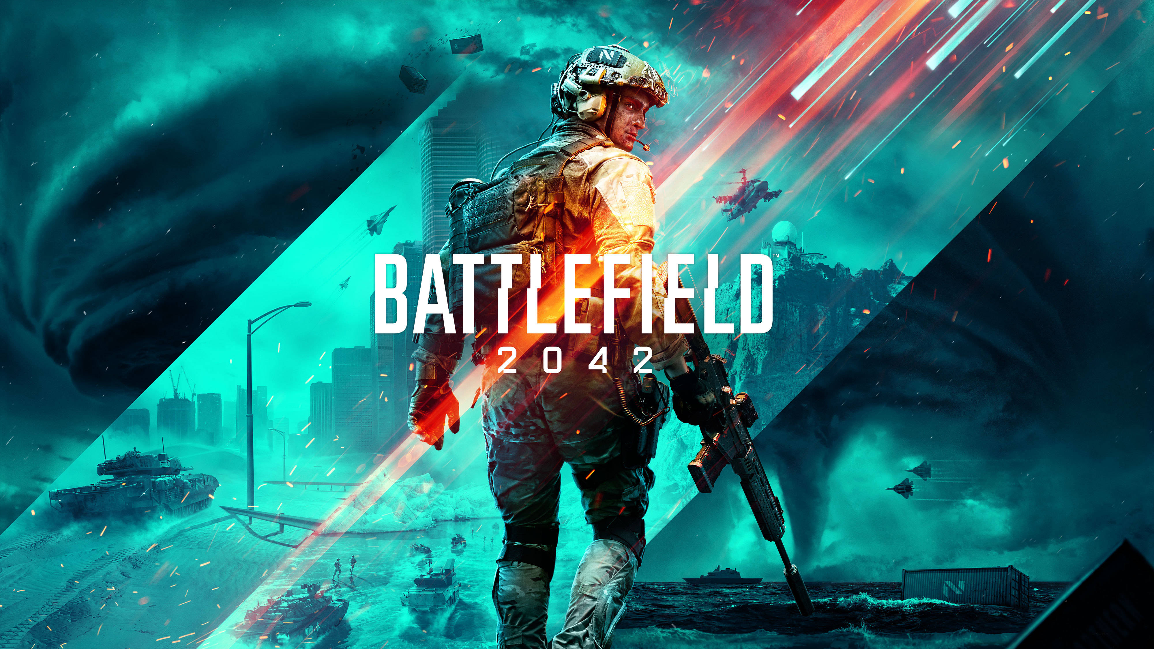 Battlefield 2042, futuristic gear, war-torn cityscape, 4K Desktop Wallpaper