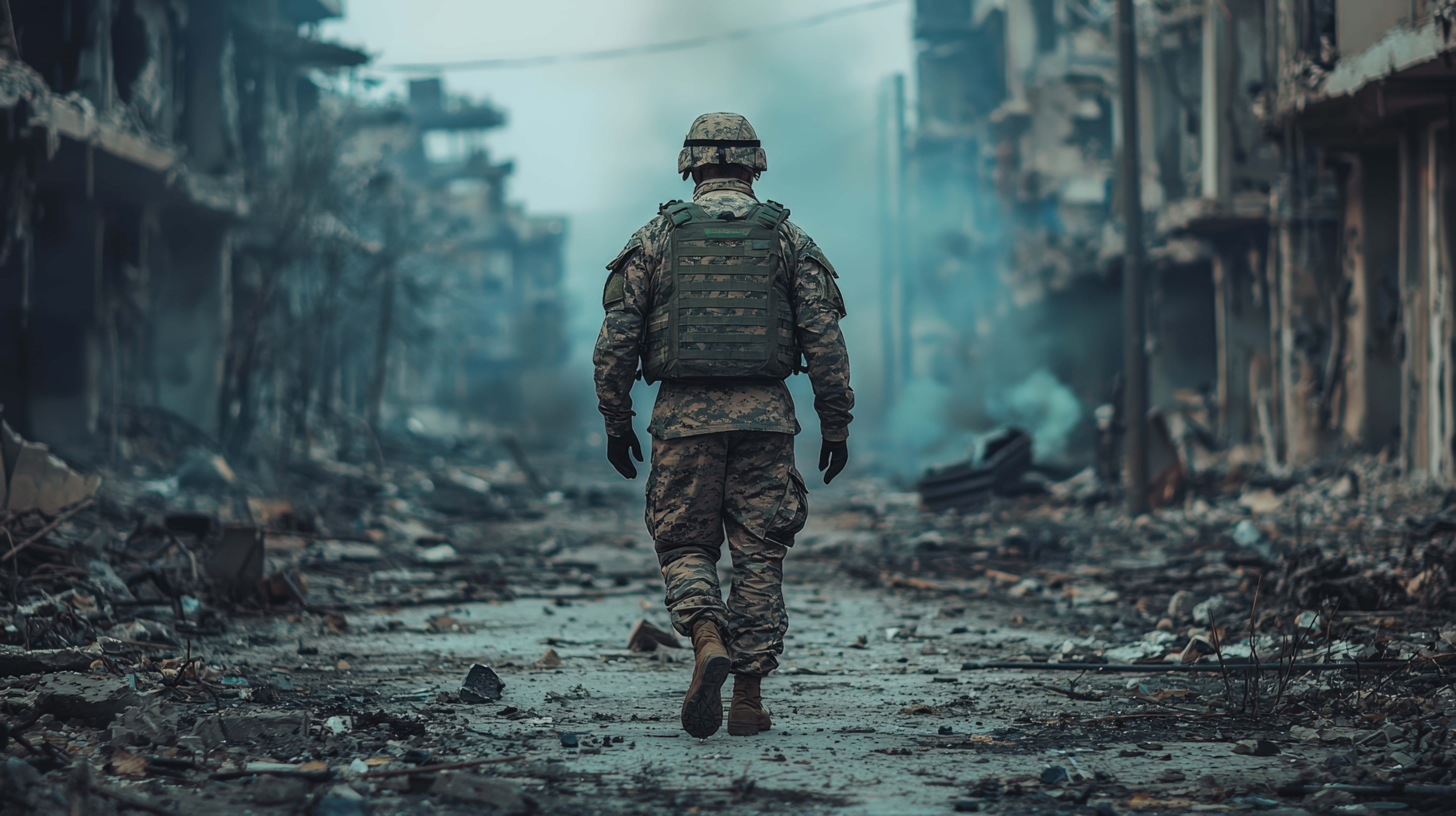 lone soldier, combat gear, destroyed city, 8K Desktop Wallpaper