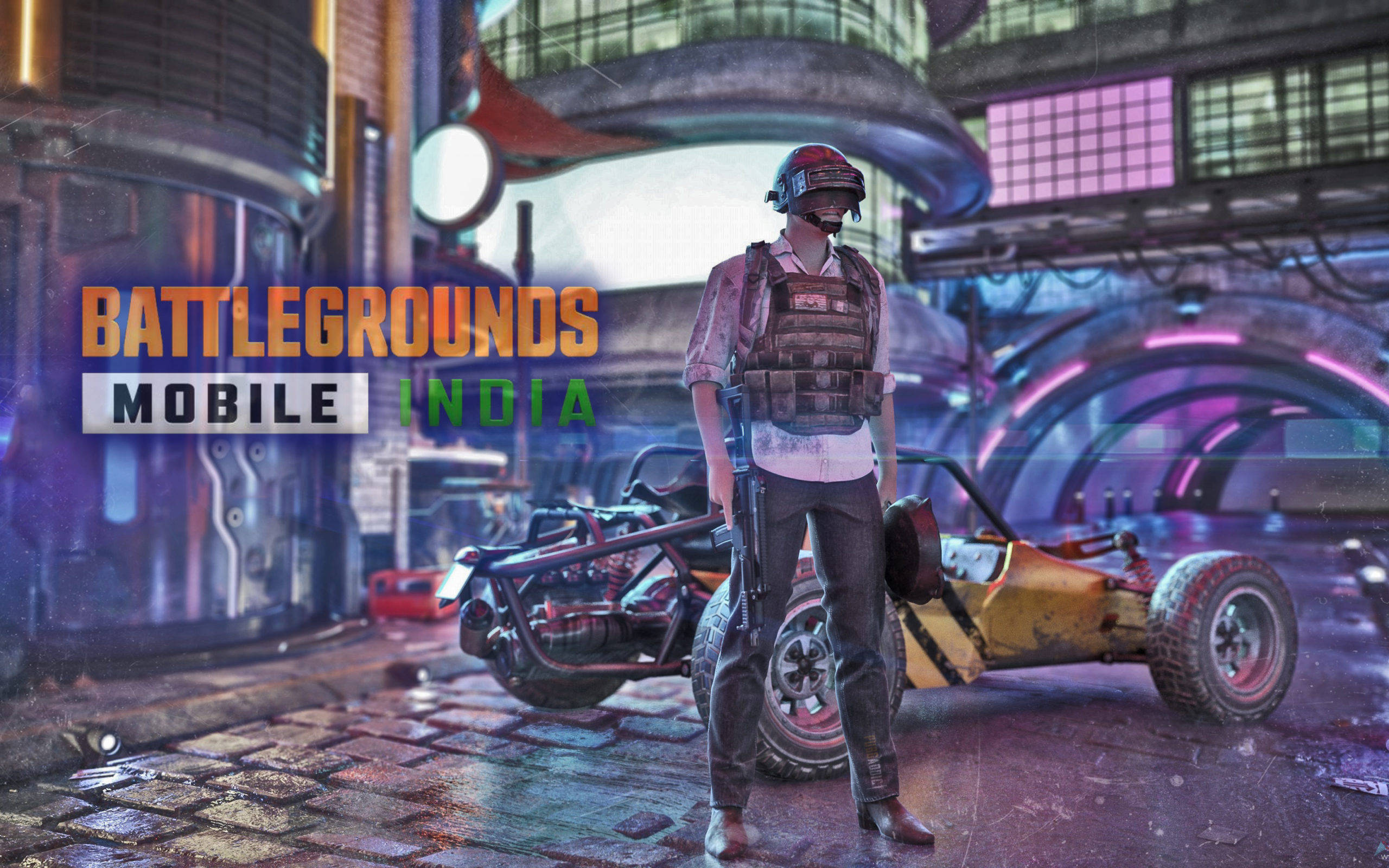 Battleground India, yellow buggy, neon-lit urban alley, 2K Desktop Wallpaper