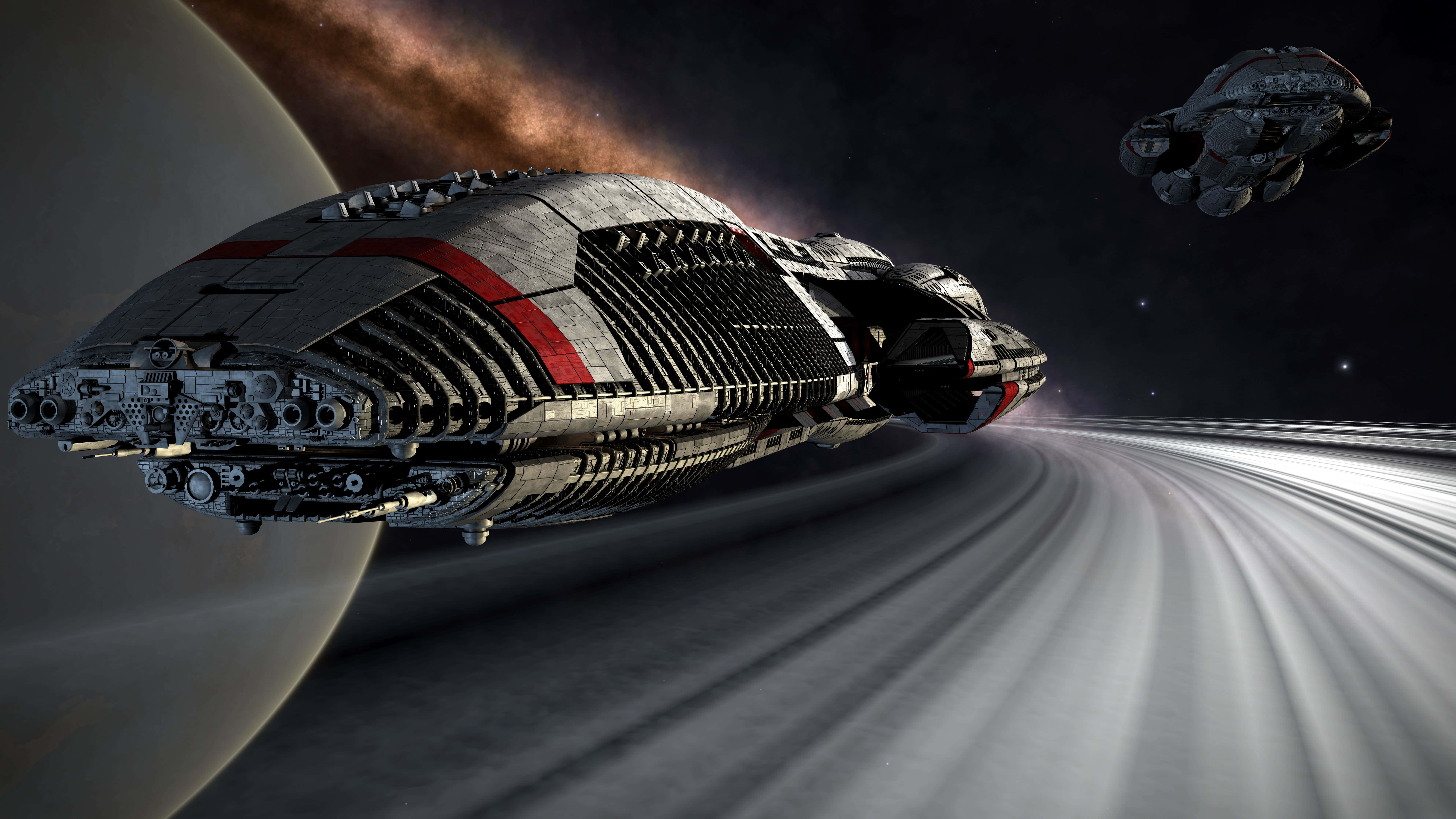 Battlestar galactica, futuristic spaceship, planet, 8K Desktop Wallpaper