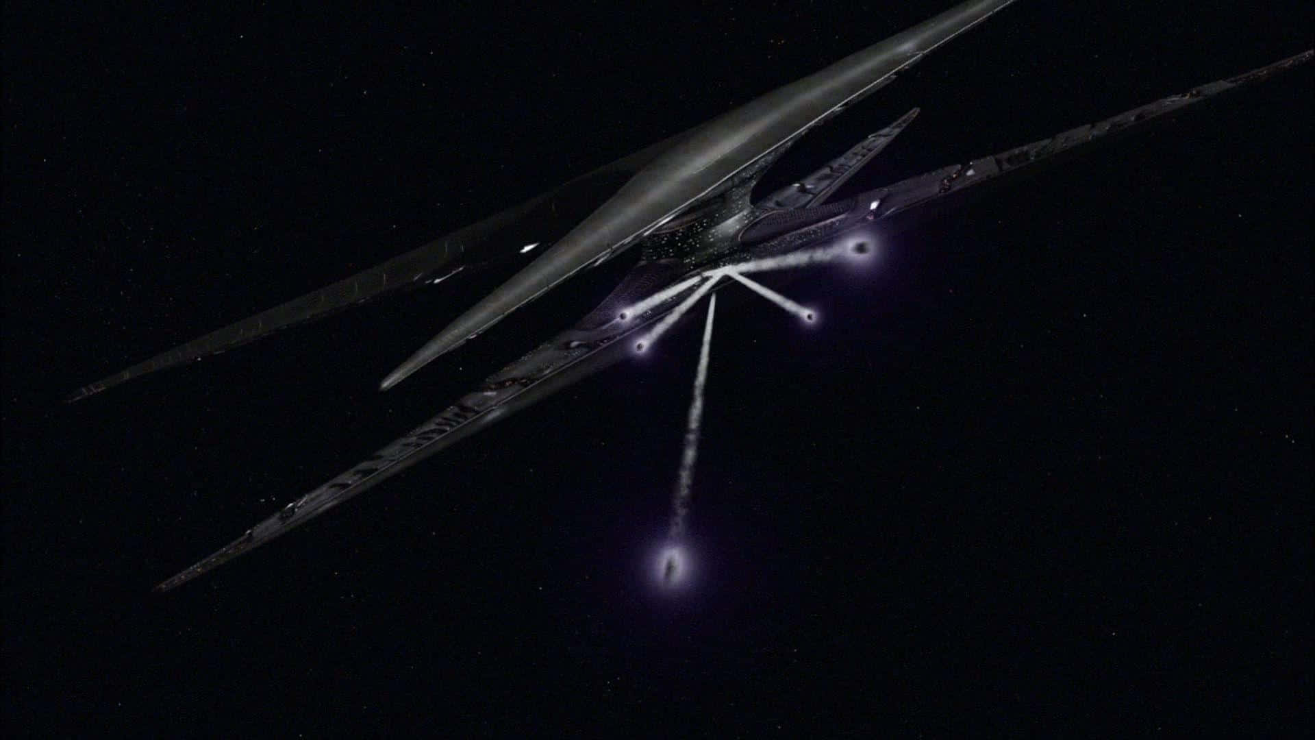 Battlestar galactica, glowing purple engines, starry void of deep space, Full HD Desktop Wallpaper