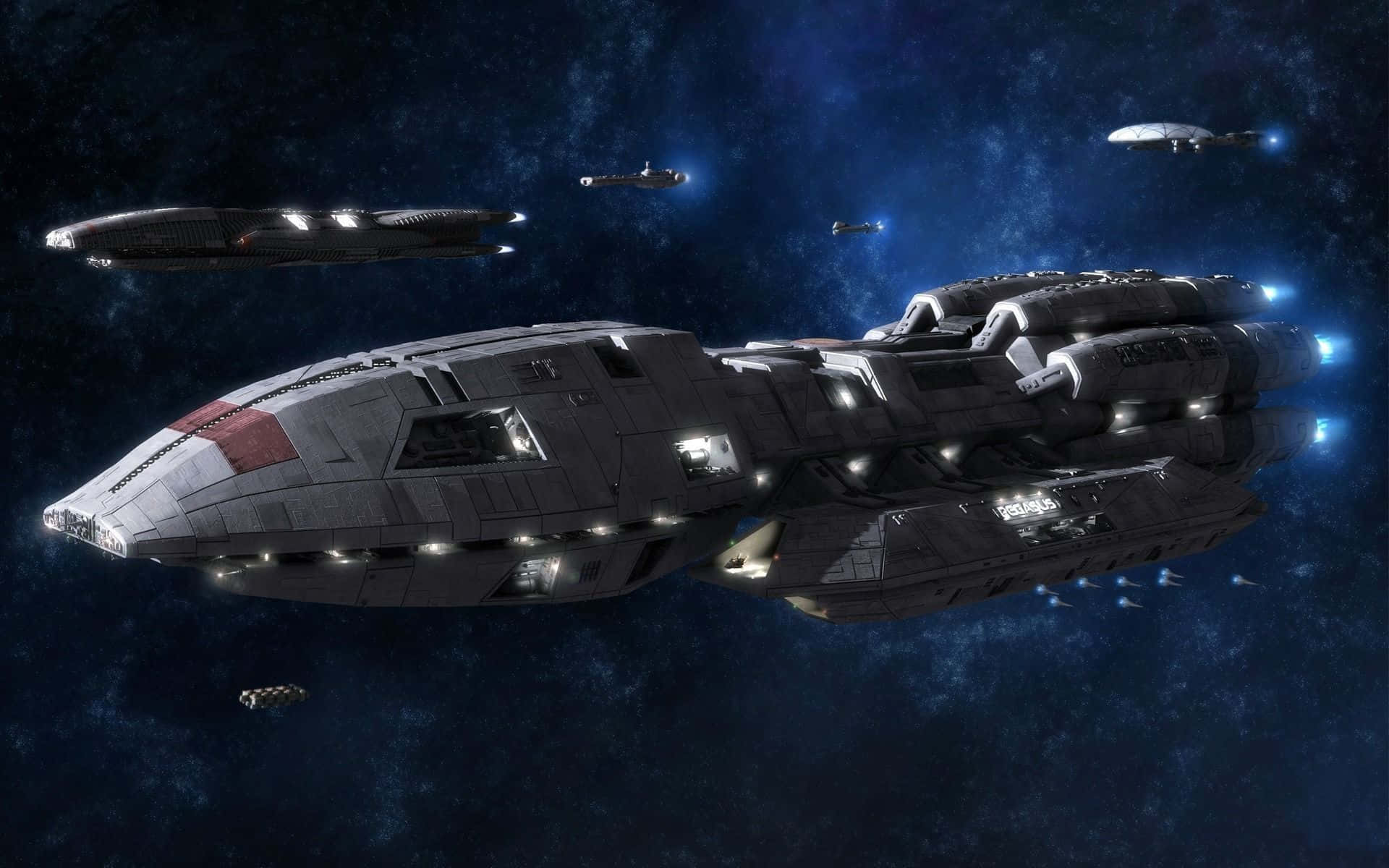 Battlestar galactica, glowing blue engines, star-filled deep blue cosmic void, Full HD Desktop Wallpaper