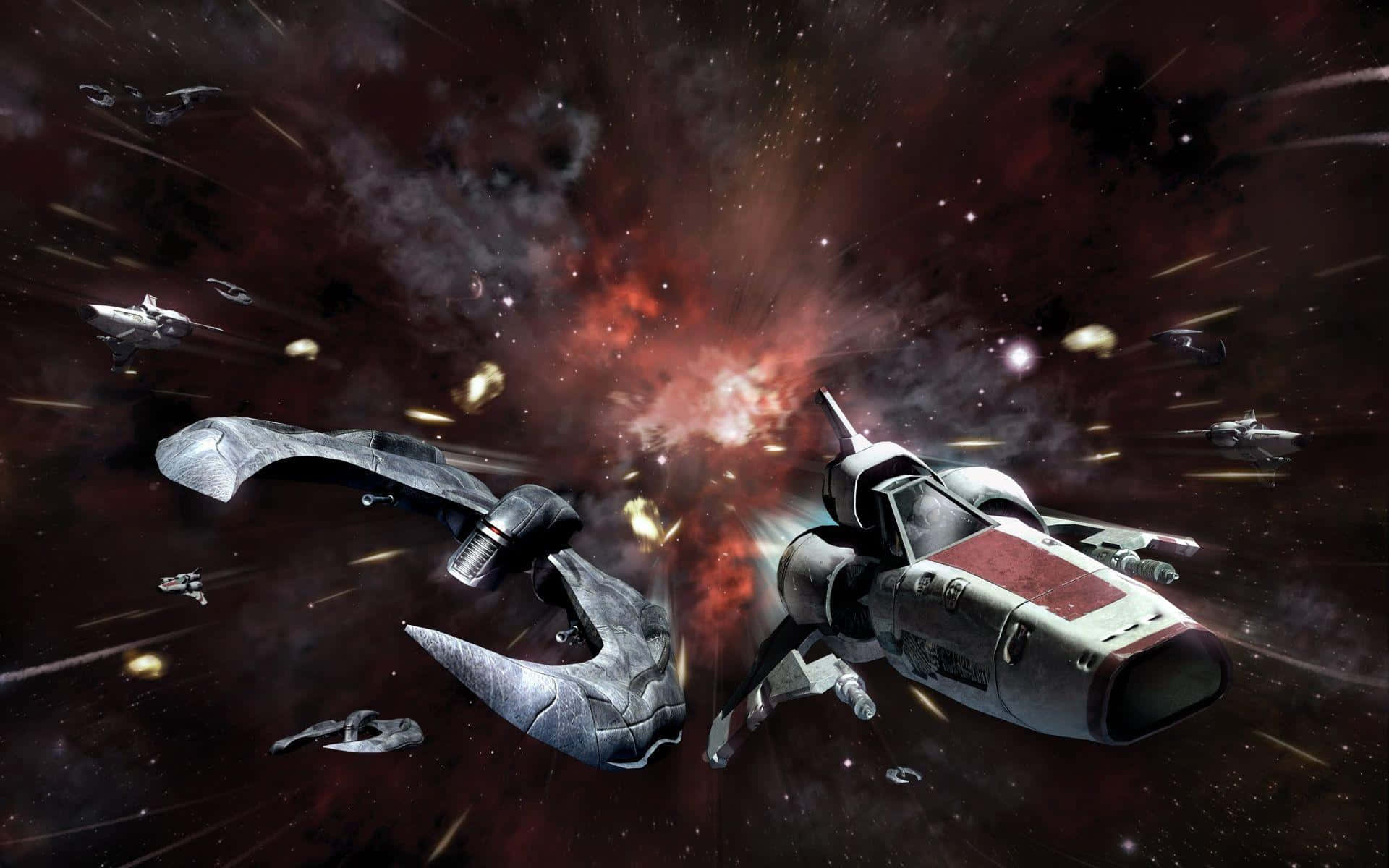 Battlestar Galactica, futuristic spaceships, fiery explosion, Full HD Desktop Wallpaper