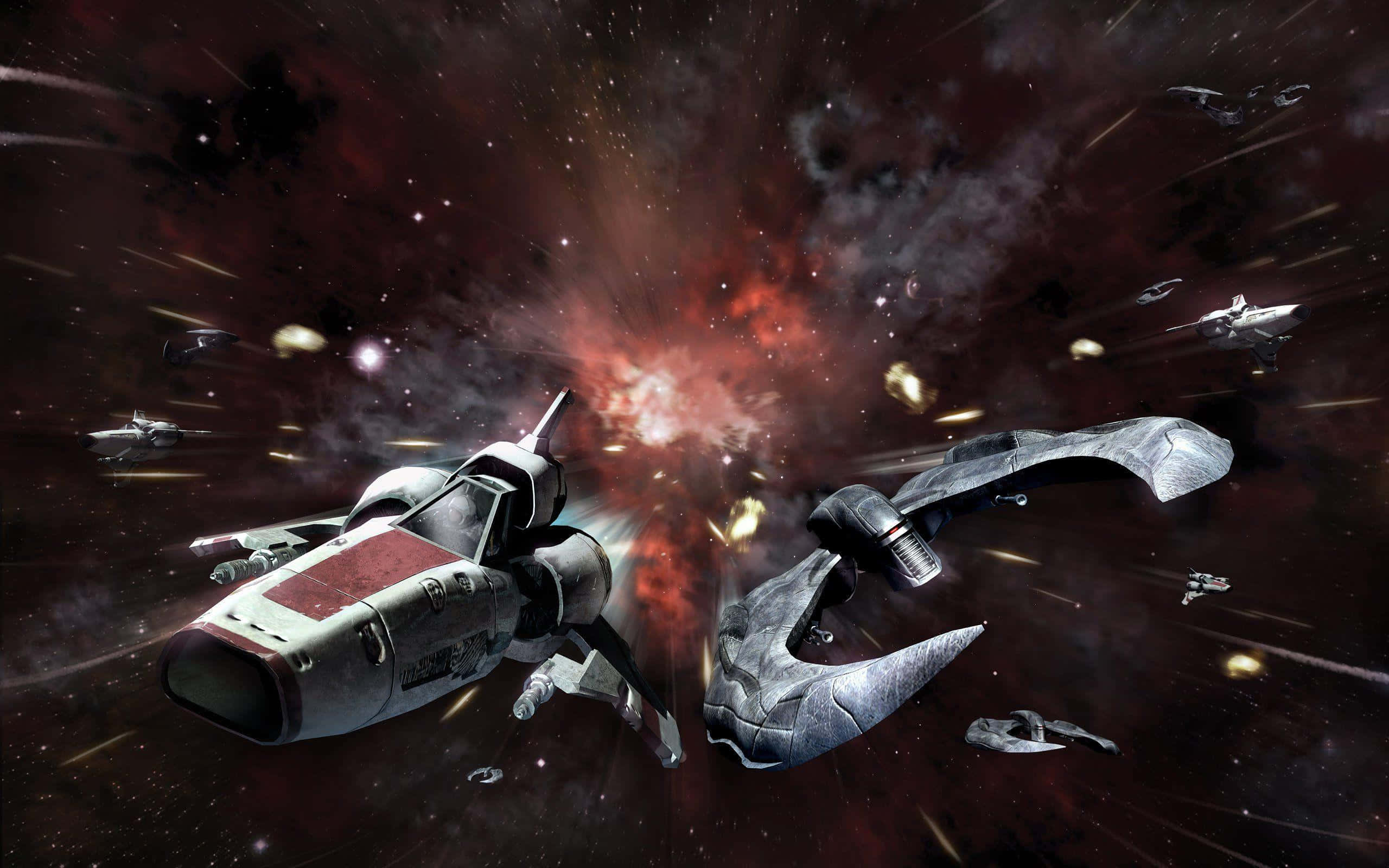Battlestar Galactica, futuristic spaceships, fiery explosion, 2K Desktop Wallpaper